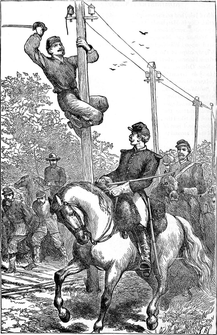 An illustration by an unknown artist of JEB Stuart's cavalry cutting telegraph wires as Confederate Gen. Robert E. Lee moves through the Shenandoah Valley on his way to invade Pennsylvania.