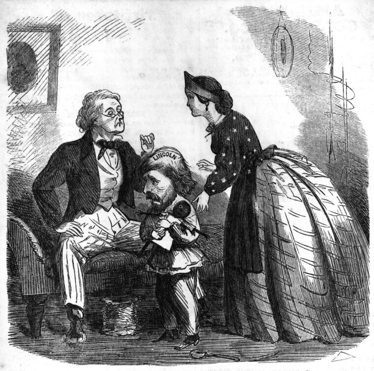 Frémont is sketched as a petulant child suffering from a “sore head” in this period cartoon. “Lincoln” is imprinted on his scalp. 