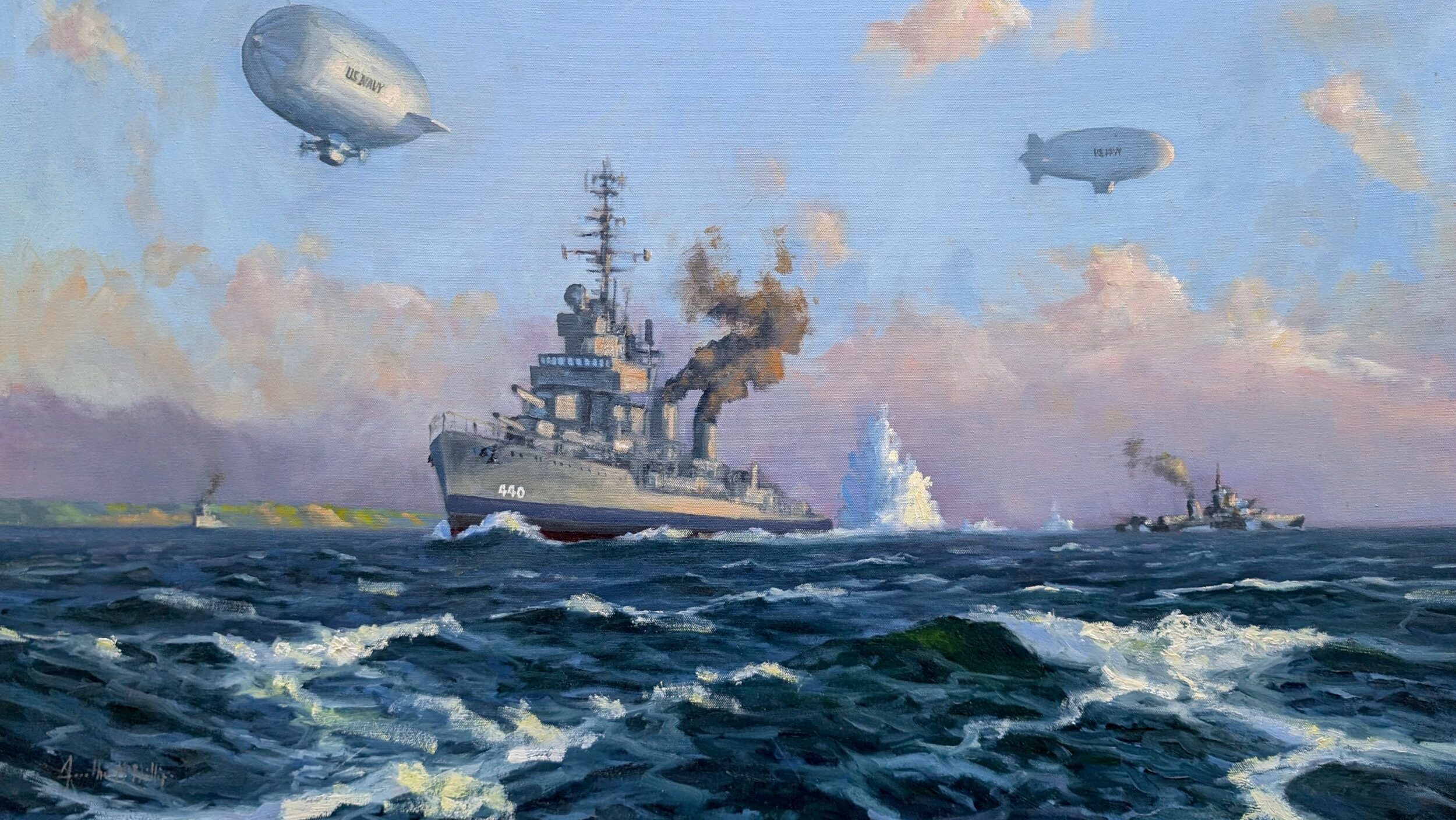 “The Battle of Point Judith,” by Jonathan McPhillips depicts the USS Ericsson (DD-440) and Navy blimps, along with the USS Amick, USS Atherton, and USS Moberly hunting for U-853 off the coast of Rhode Island on May 6, 1945. The Moberly, manned by U.S. Coast Guardsmen, along with Atherton was credited with sinking one of the last submarines of the war in the Atlantic.