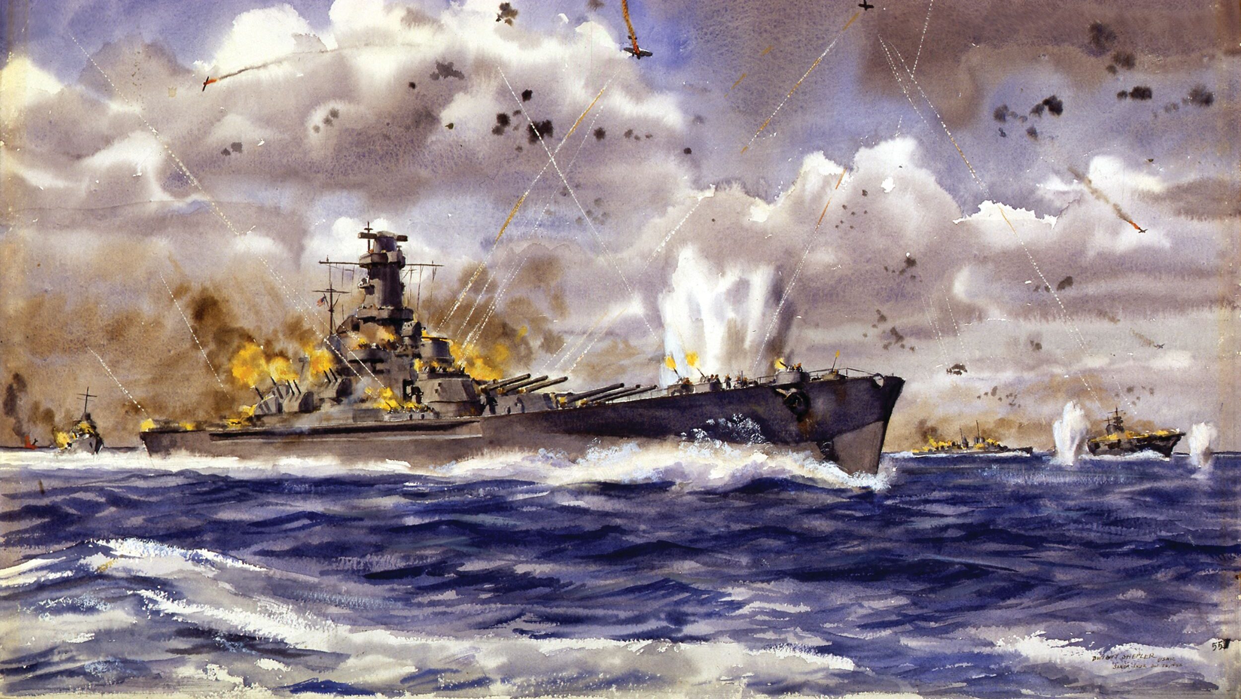 The battleship USS South Dakota fires at attacking Japanese aircraft in the Battle of Santa Cruz in a painting by U.S. Navy combat artist Dwight Shepler.