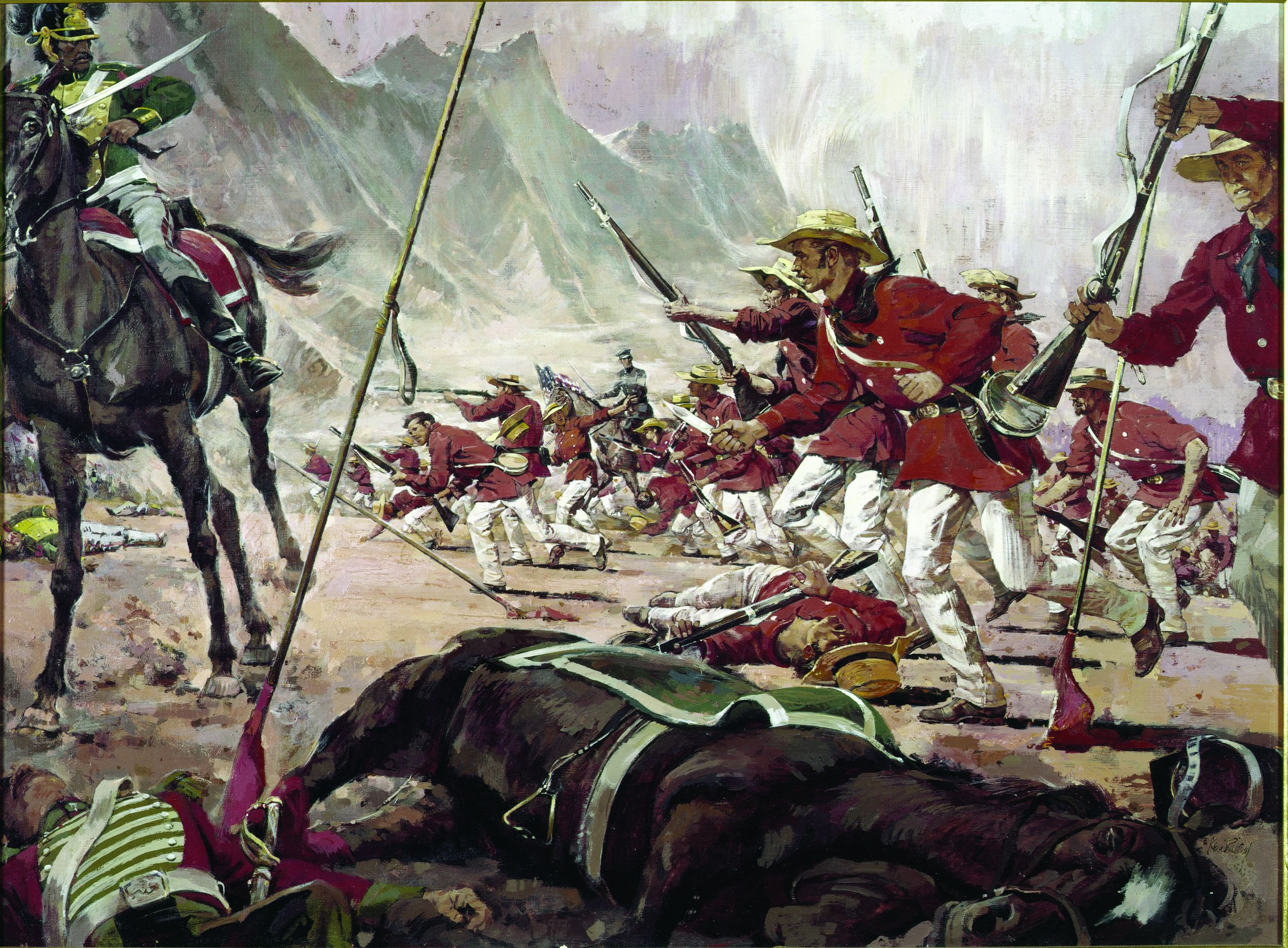 The 1st Mississippi Rifles, commanded by Colonel Jefferson Davis, stops a charge by Mexican lancers at the Battle of Buena Vista, in this painting by Ken Riley.