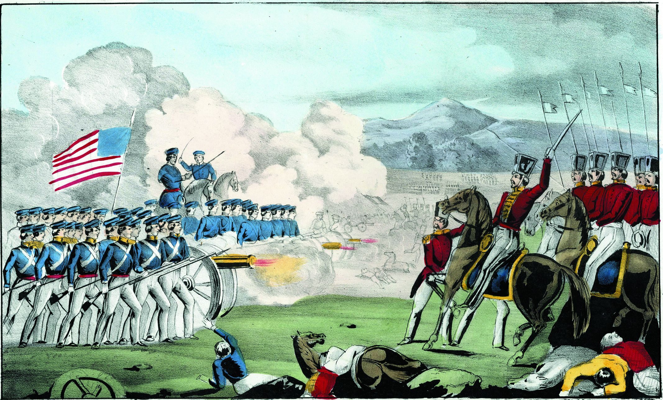 Captain Braxton Bragg’s flying artillery fires into Mexican lancers during the Battle of Buena Vista in this highly stylized period drawing. Bragg would later be appointed a full Confederate general by his friend Jefferson Davis.