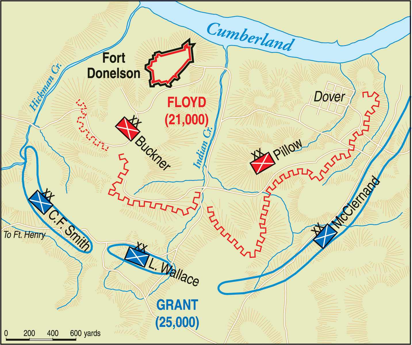 Fort Donelson consisted of a semicircle of earthworks and entrenchments on a ridge west of Dover.