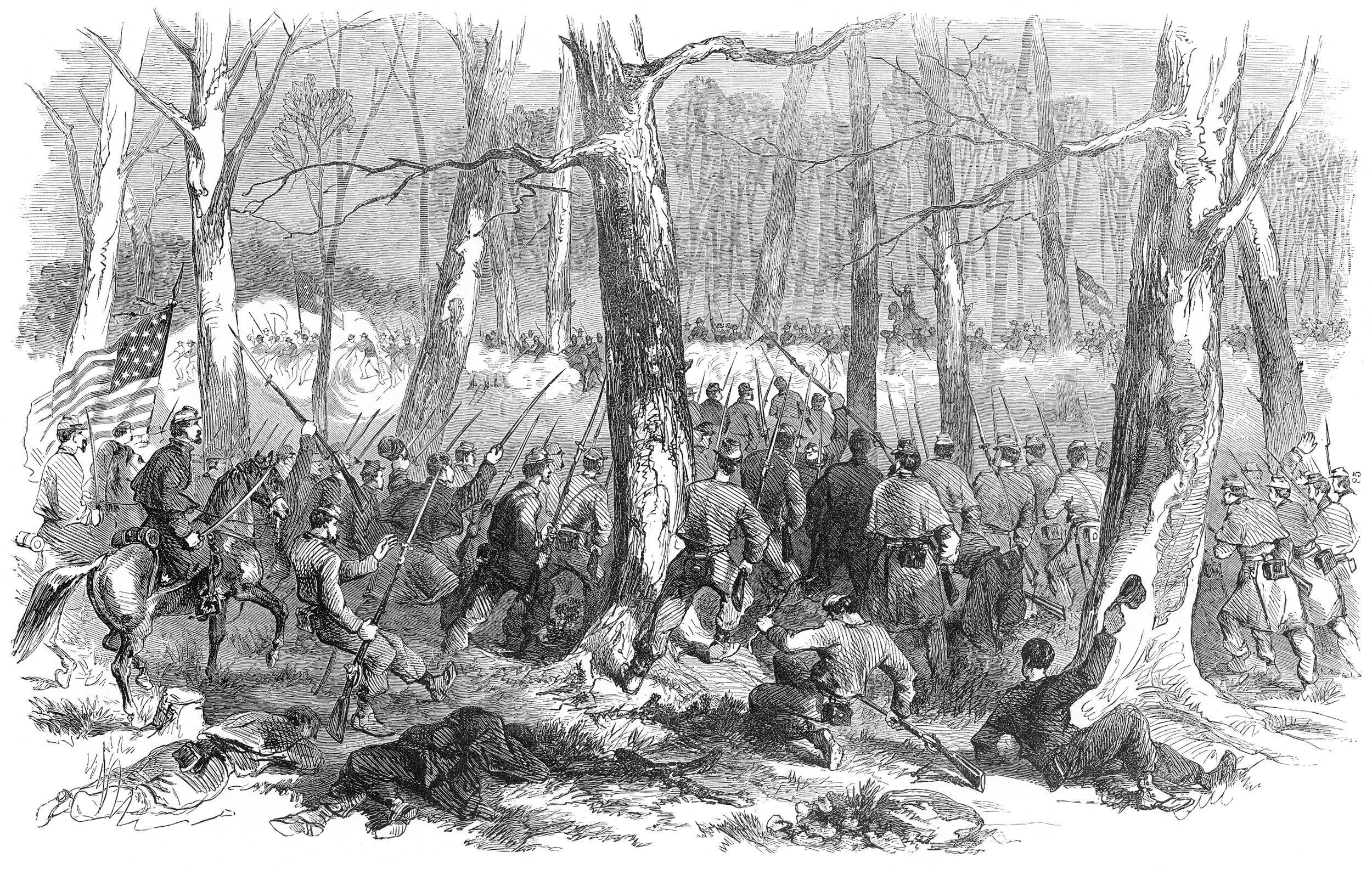 General Lew Wallace’s men charge at Confederates who have broken out of Fort Donelson. The Rebels seemingly had an opening to make good their escape when Wallace’s men moved in to cut them off.