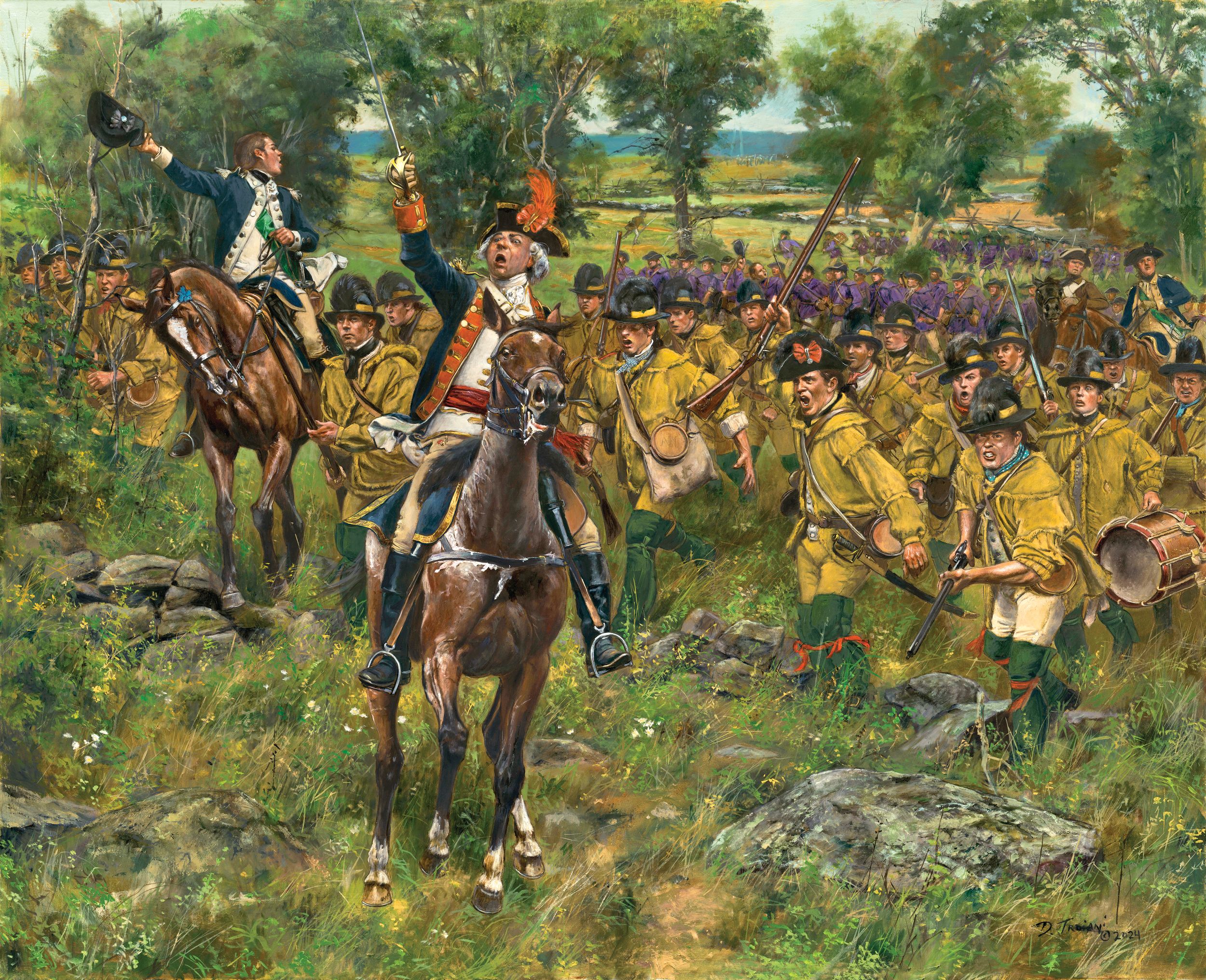 American General Israel Putnum leads Maryland riflemen toward the fighting near Harlem Heights, north of present day Central Park. His aide, 20-year-old Capt. Aaron Burr, follows behind, relaying the command to advance.