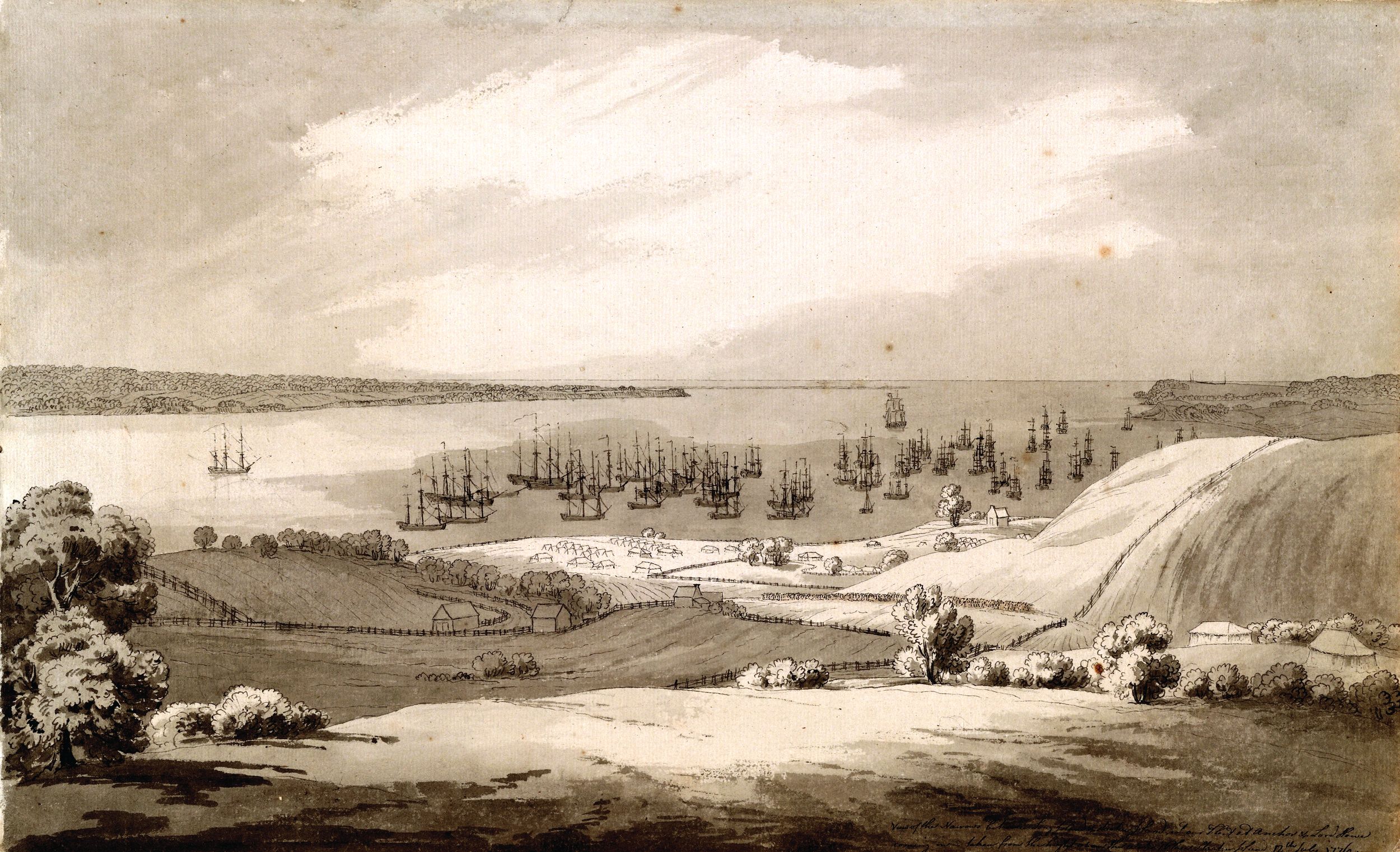 “View of the Narrows between Long Island & Staten Island with Our Fleet at Anchor & Lord Howe Coming In,” July 12, 1776, by Lieutenant Archibald Robertson of the Royal Engineers. Lord Howe’s HMS Eagle is shown at the top right. After arriving off New York City on June 29, British troops landed on Staten Island on July 2. In this sketch a column of troops appears to be moving inland from the camp along the shore. With 20,000 troops, Howe was eventually able to drive Washington’s army from Long Island on August 22.