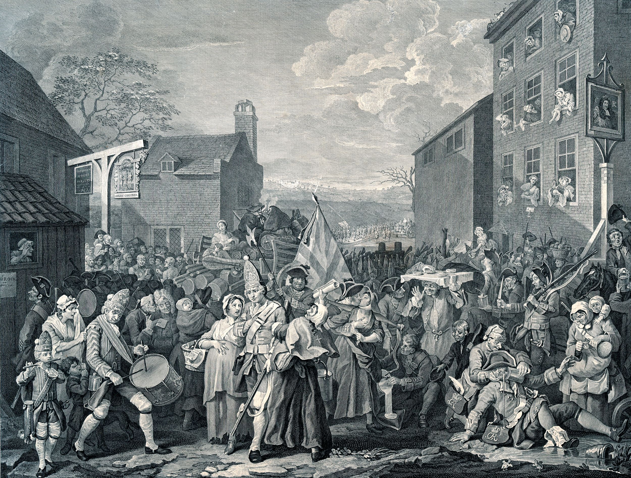 William Hogarth’s 1750 painting “The March to Finchley” depicts fictional troops preparing to march against Bonnie Prince Charlie at Culloden during the second Jacobite rebellion of 1745. Though satirical, the painting is likely an accurate portrayal of the British Army.