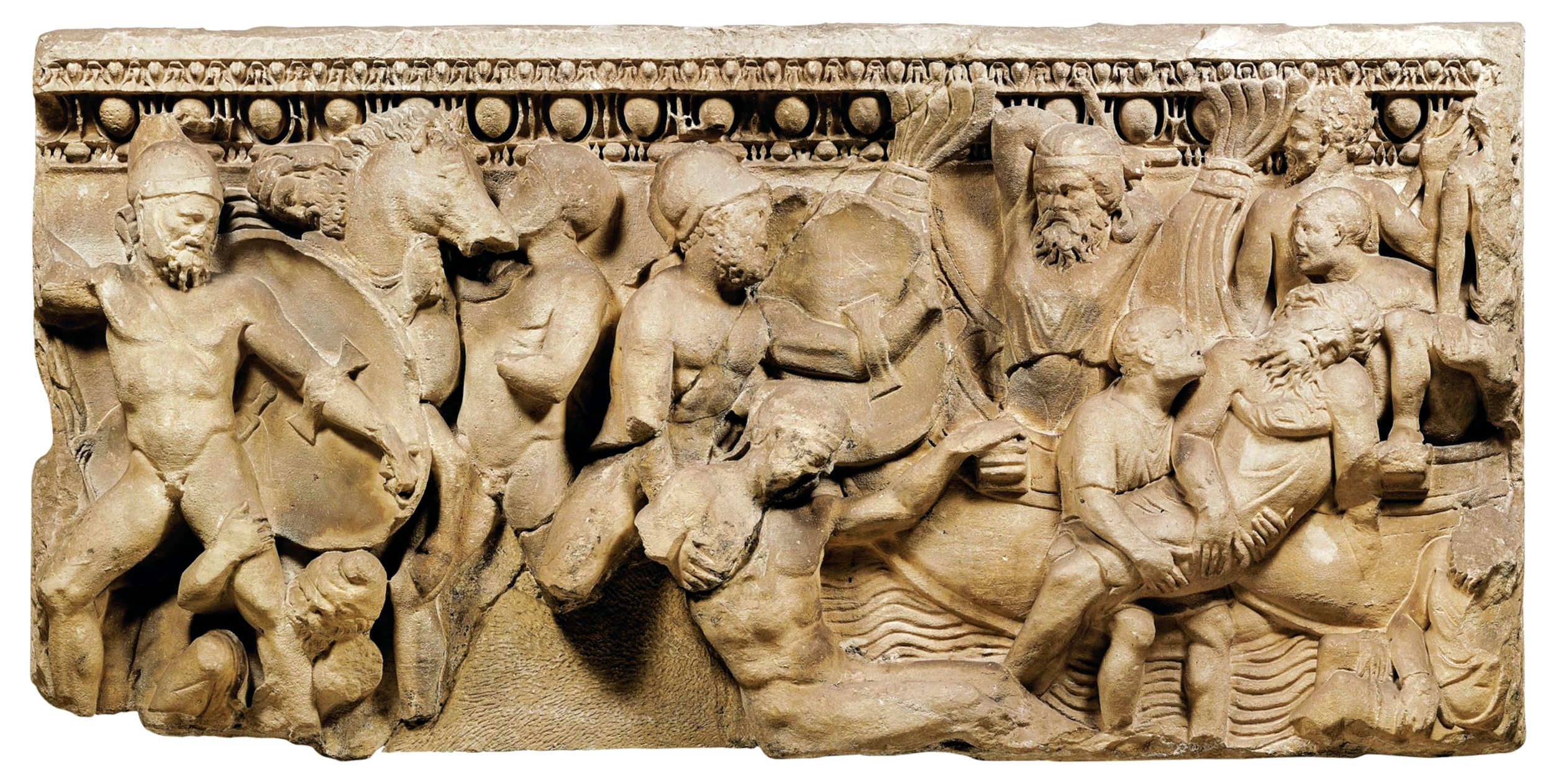 The relief decoration on this Roman sarcophagus depicts the battle between the Greeks and Persians at Marathon.