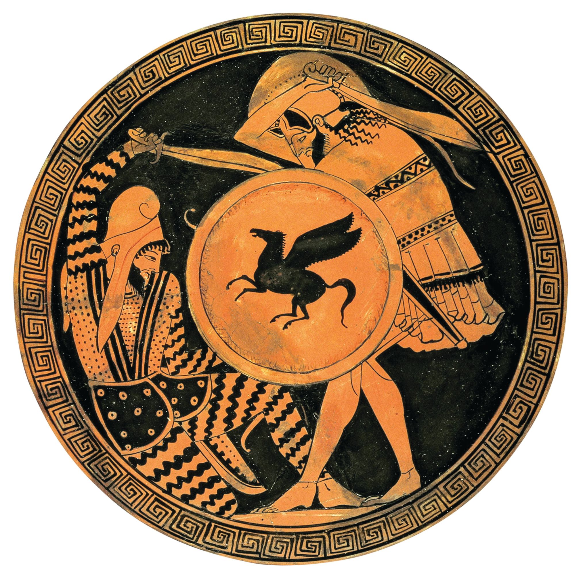 Painted c. 460 BCE, this image decorating the bottoom of a ceramic kylix (shallow, footed, two-handled cup) used in ancient Greece for drinking wine, shows a Greek hoplite slaying a fallen Persian soldier.