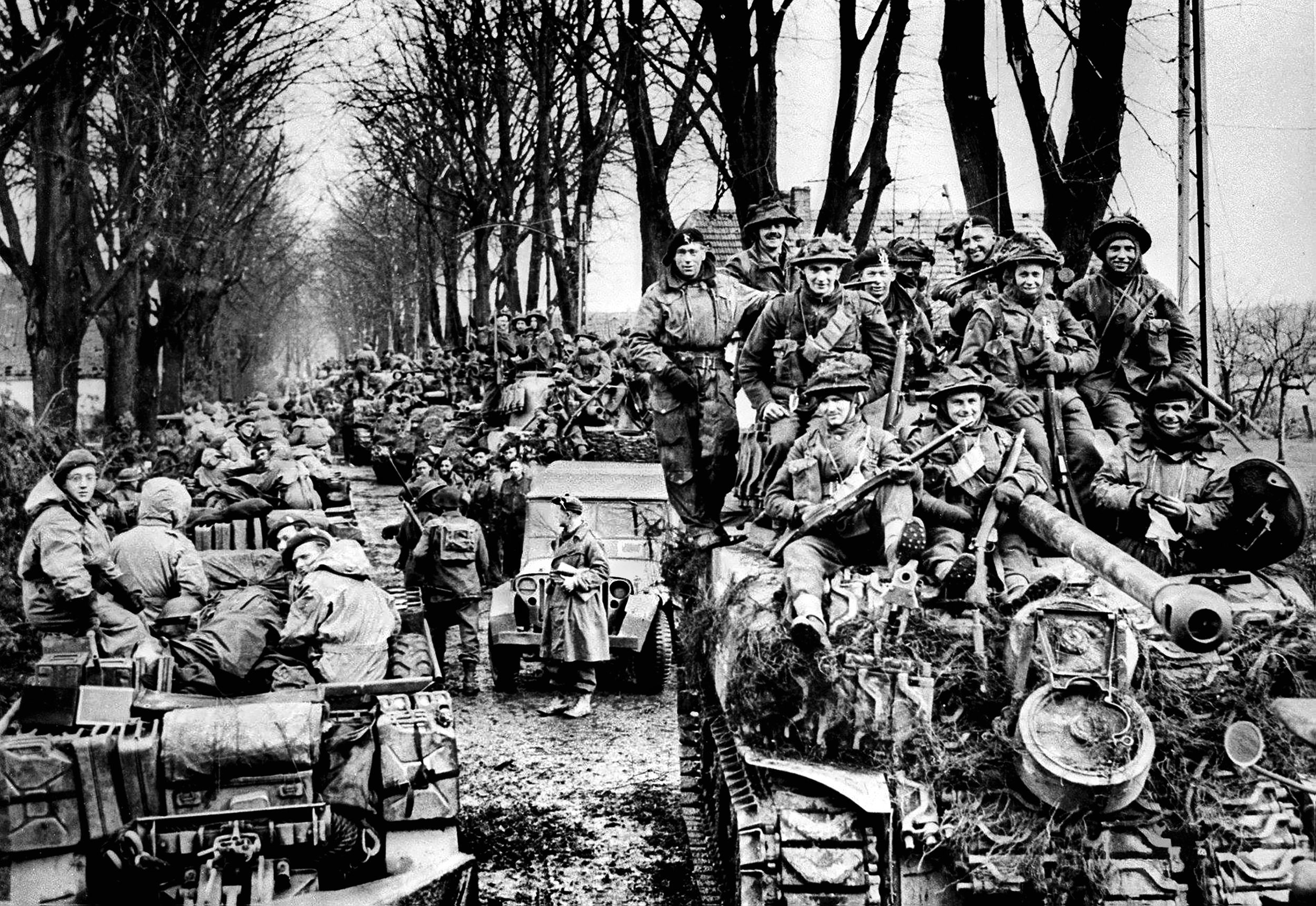 Canadian troops of the 1st Canadian Army massing for the Anglo-Canadian Operation Veritable (February 8-March 11,1945), the northern half of an Allied pincer movement into the industrial heart of Germany. U.S. troops in the southern half of the pincer movement, Operation Grenade, were delayed by the intentional flooding of the Roer River.