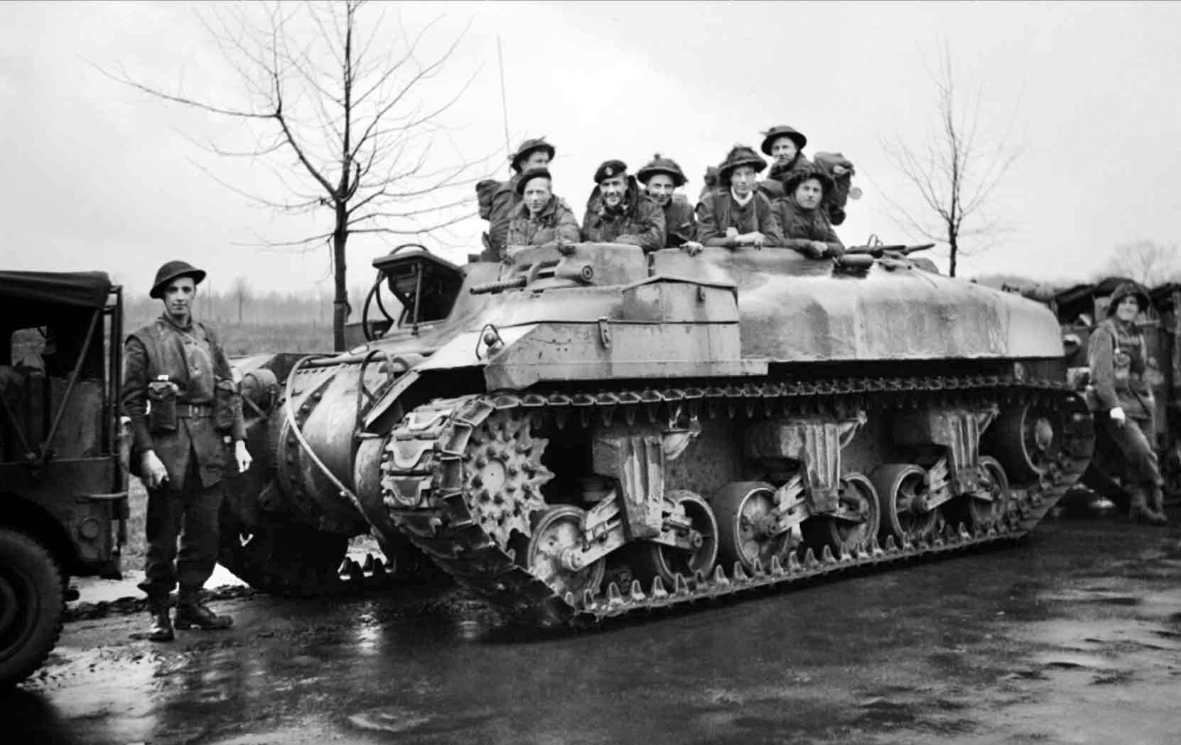 Manufactured from the modified chassis of the M4 Sherman medium tank, this Kangaroo personnel carrier transports soldiers of the 53rd Welsh Division during the Battle of the Reichwald in February and March, 1945.