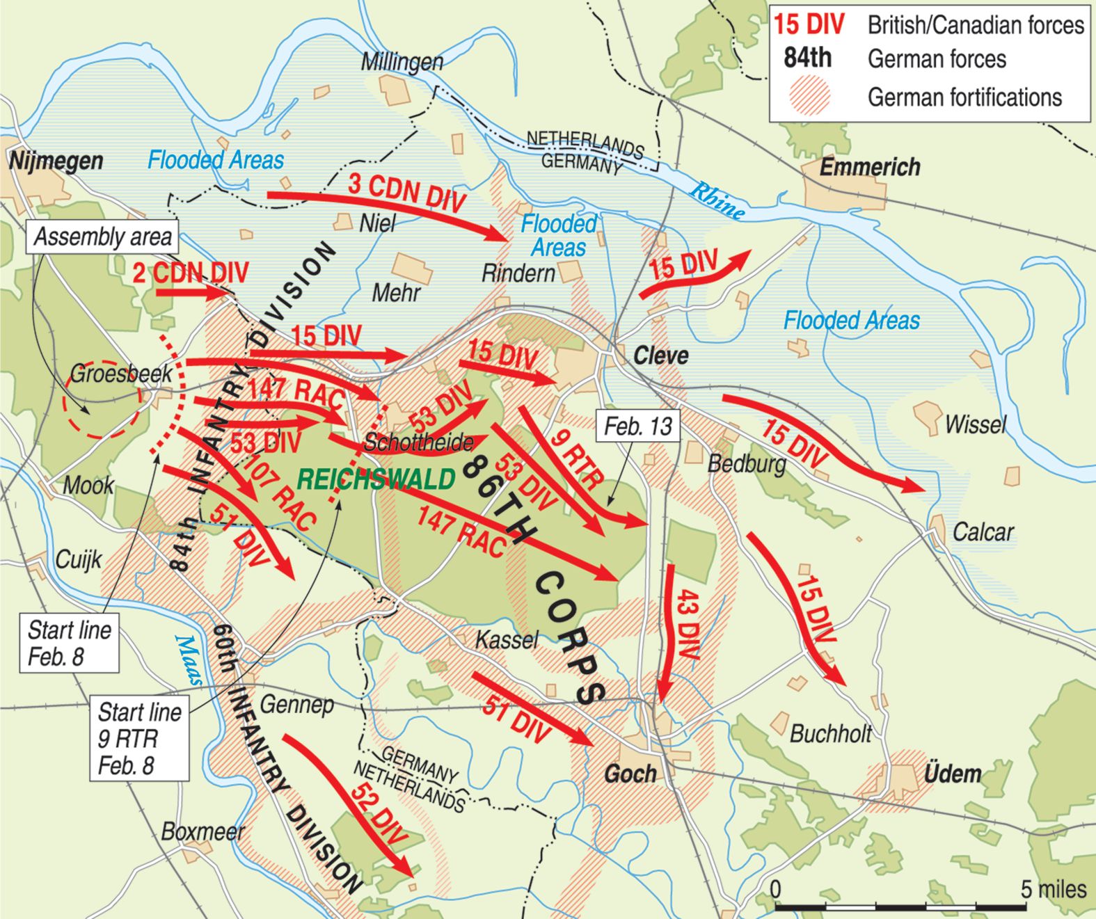 The British and Canadian15th Division met stiffer resistance from German defenders in the Reichwald, despite heavy Allied bombardment before the assault. Operation Grenade, the southern arm of the Allied pincer movement that featured U.S. units was delayed by the German sabotage of dams, flooding low-lying areas in the Rhineland.