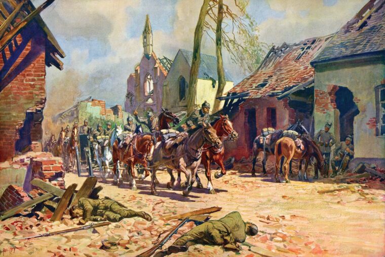 In this painting by German artist Paul Hey, fallen British soldiers in the foreground bear testament to earlier fighting as a German battery pulled by a team of horses makes its way through St Julien near Ypres, Belgium, in the Great War.