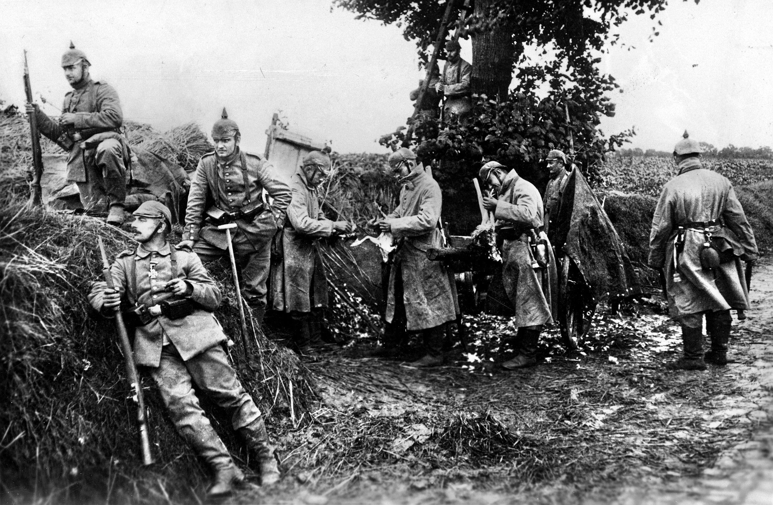 German troops man a defensive position in Belgium in 1914. Stalemated after the Battle of Marne, the British moved north toward the coast in an effort to shorten supply and communication lines with England. The series of flanking maneuvers by British and German troops along the way during September and October became known as the “Race to the Sea” and left the two sides deadlocked again around Ypres, Belgium.
