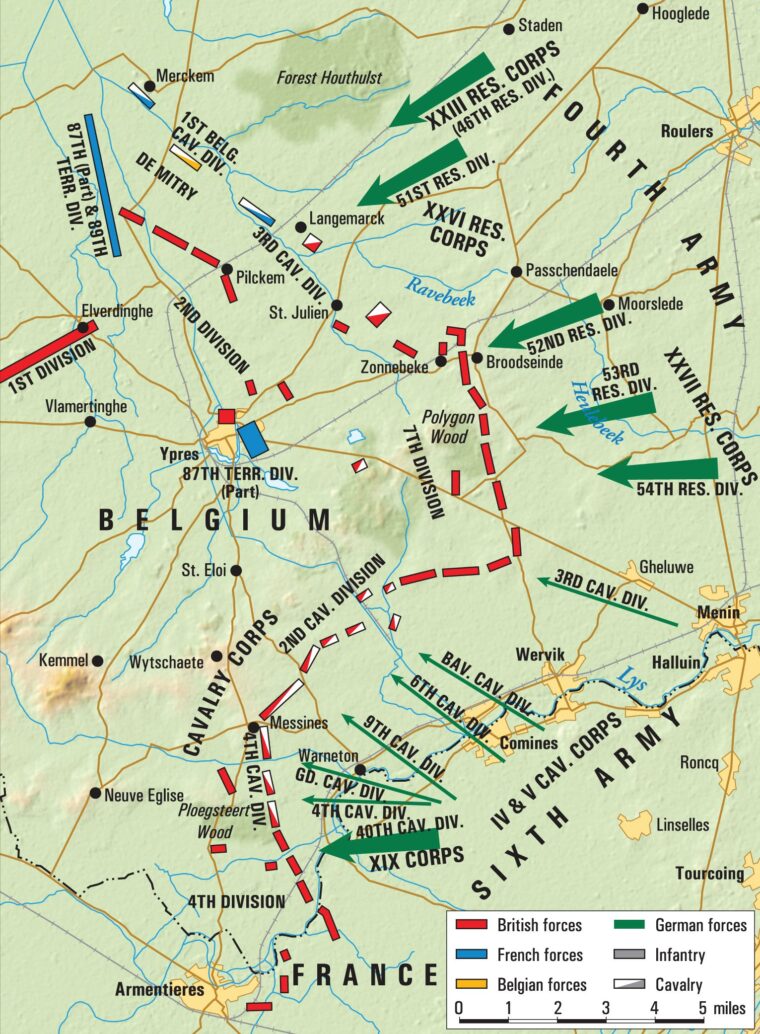 With their French and Belgian allies, the British Expeditionary Force held on to the last major town in Flanders, Ypres, to protect French ports on the English Channel. The town would lend its name to five battles from October 1914 to October 1918.
