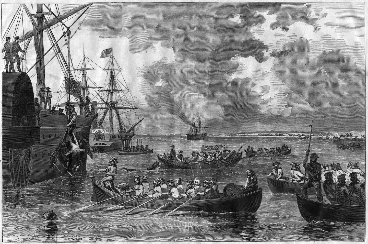 Reinforcements from Company A, 1st U.S. Artillery, are ferried from the USS Brooklyn to Fort Pickens in January 1861.