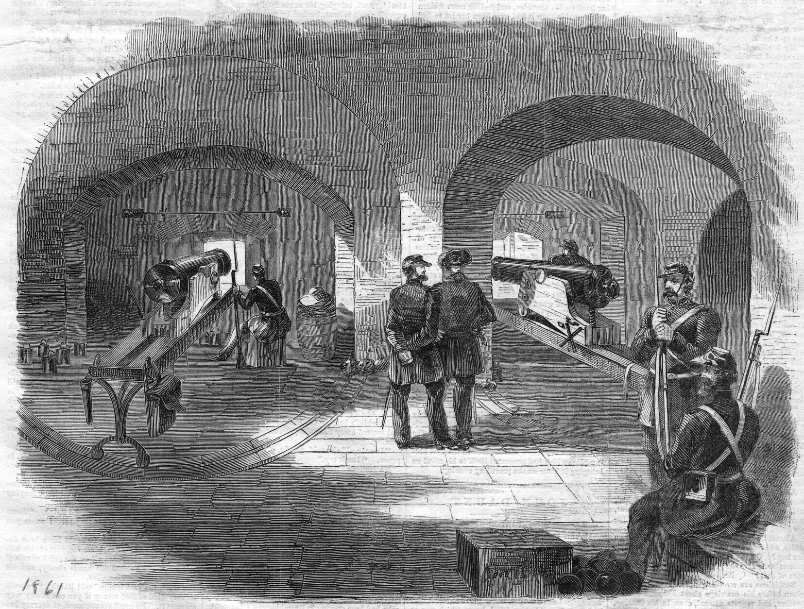 An interior view of two well-manned casements at Fort Pickens was published in the April 13, 1861, issue of Harper’s Weekly, the same day Fort Sumter was attacked in Charleston Harbor.