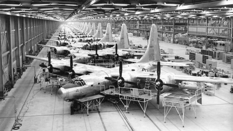 Consolidated B-32 bombers line the floor at an assembly line in Fort Worth, Texas. This photo was taken in 1944 as the Dominator was beginning to hit stride in production.
