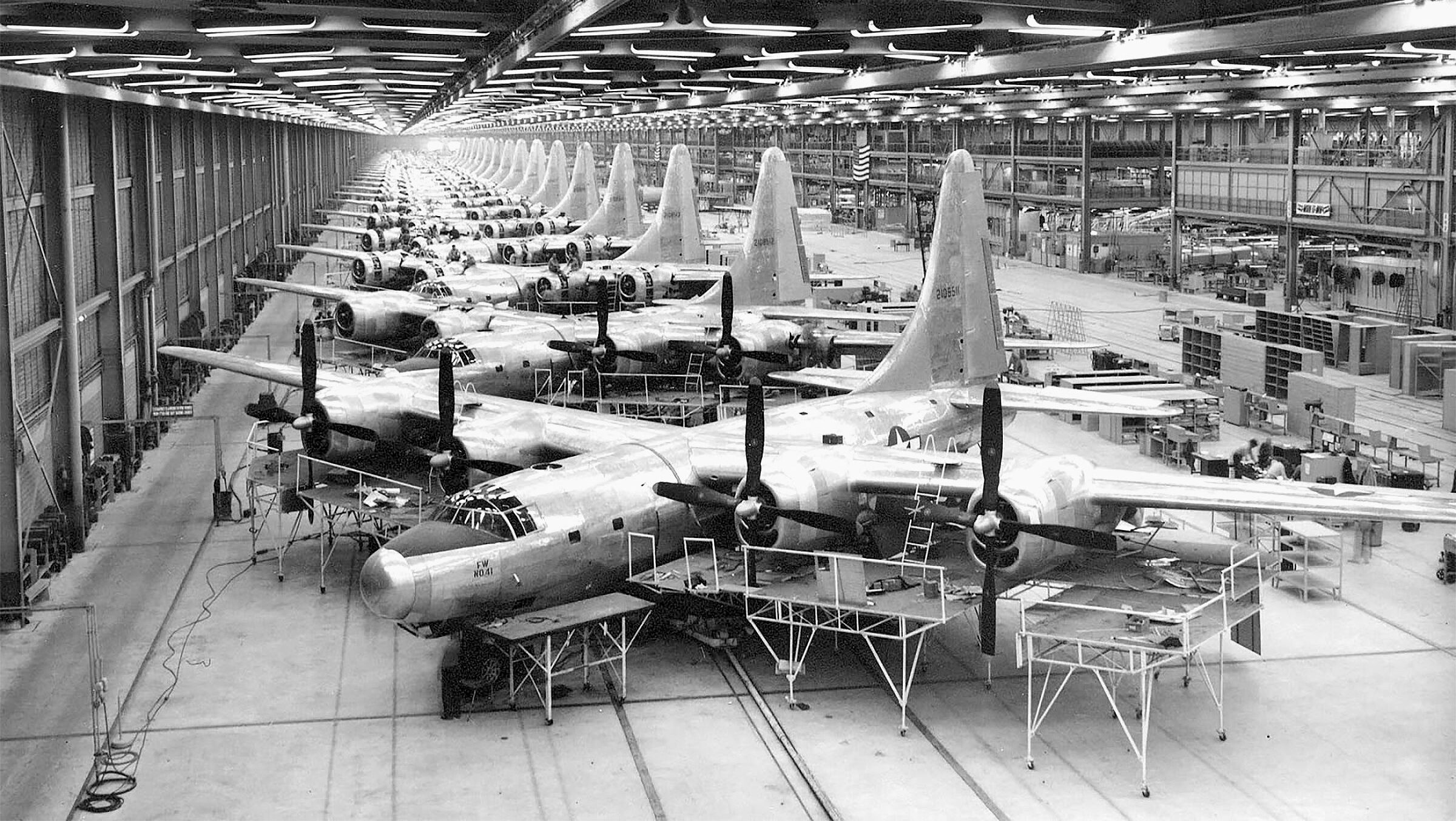 Consolidated B-32 bombers line the floor at an assembly line in Fort Worth, Texas. This photo was taken in 1944 as the Dominator was beginning to hit stride in production.