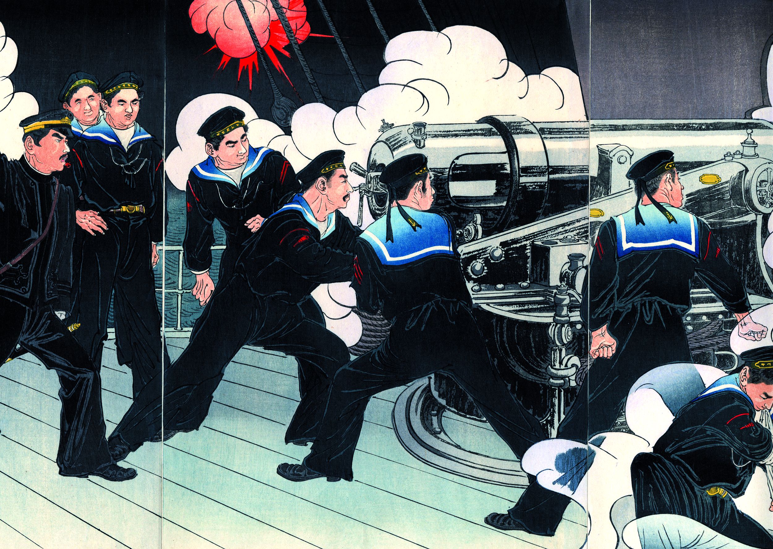 In this Japanese artist’s conception of the Battle of Tsushima, sailors of the Imperial Navy fire their weapon at vessels of Czarist Russia’s Baltic Fleet. The Japanese victory at Tsushima stunned the world and emboldened the island nation to continue asserting its preeminence in Asia.