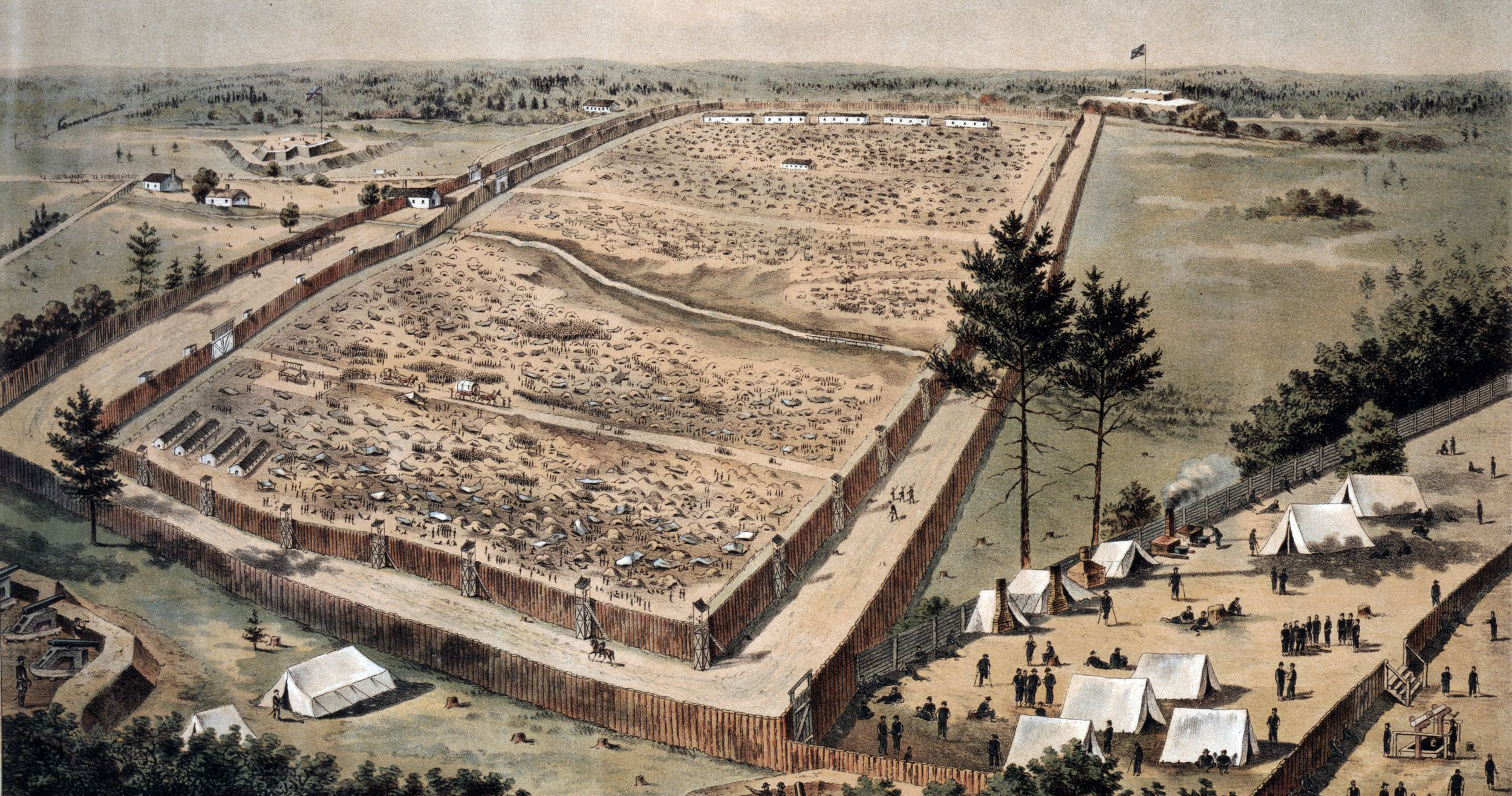 A misleadingly benign bird’s-eye view of Georgia’s Andersonville Prison, looking northwest. The notorious fetid stream runs through the middle of the compound, with banks of cannons in the foreground and distance.