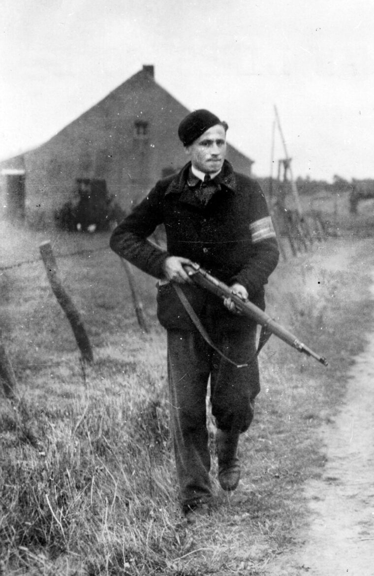 An unidentified member of the Dutch Underground with an automatic weapon in 1944. Though he was ultimately betrayed and captured by the Nazis, pilot Les Amundson was impressed with the dedication of the Dutch freedom fighters.