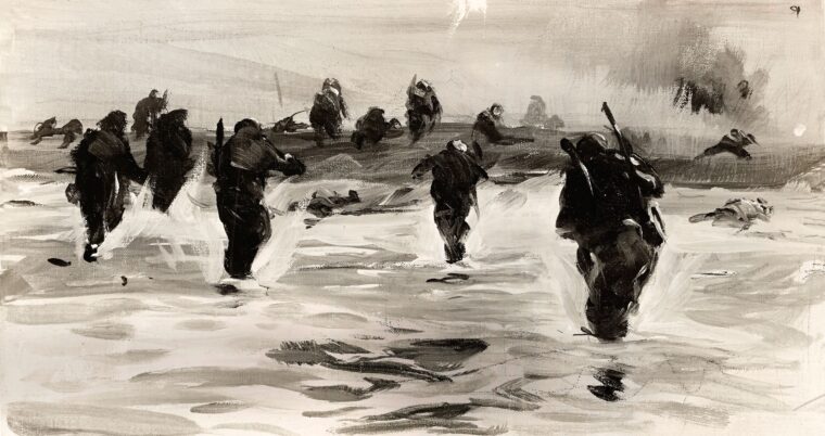 To the Attack by U.S. Coast Guard Chief Boatswain's Mate and combat artist Tore Asplund depicts American soldiers hitting the beach as part of Operation Dragoon in southern France on August 15, 1944. Asplund also painted images of the D-Day invasion at Normandy.