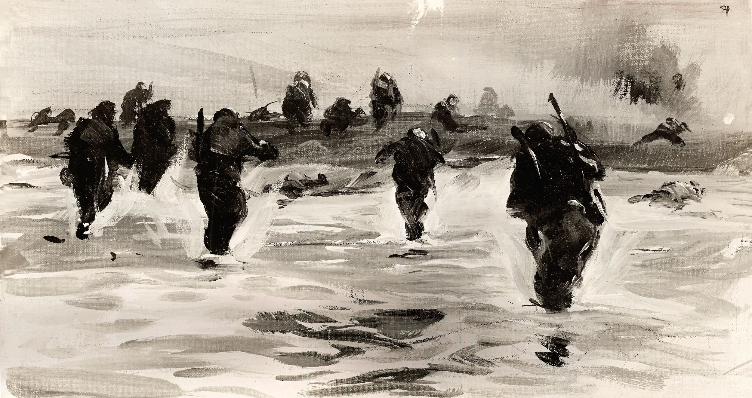 To the Attack by U.S. Coast Guard Chief Boatswain's Mate and combat artist Tore Asplund depicts American soldiers hitting the beach as part of Operation Dragoon in southern France on August 15, 1944. Asplund also painted images of the D-Day invasion at Normandy.