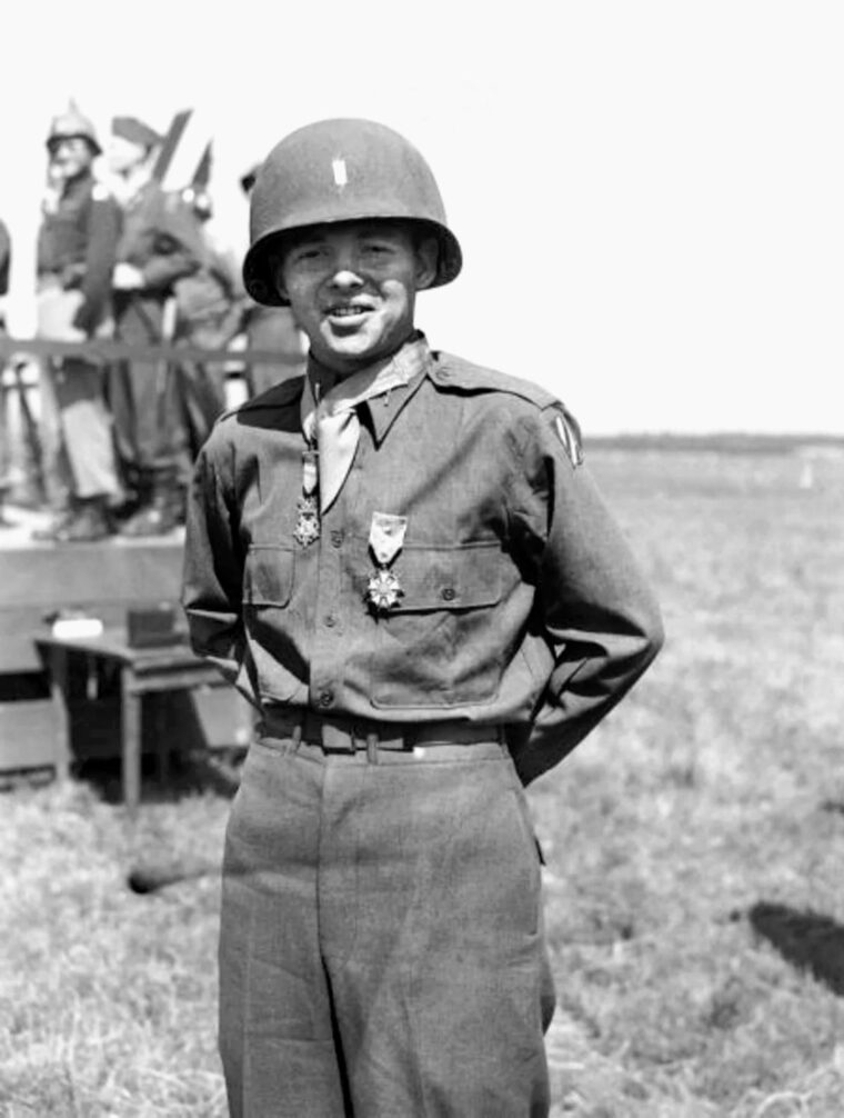 First Lieutenant Audie Murphy, the most highly decorated U.S. Army soldier of World War II, after receiving the Medal of Honor for gallantry in southern France from Seventh Army commander Lt. Gen. Alexander M. Patch at an airfield near Werfen, Austria, on June 2, 1945. The other medal Murphy wears in the photo is the Legion of Merit.