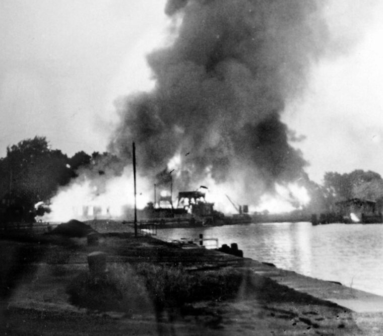 Heavy German artillery fire, including that of the big guns of the battleship Schleswig-Holstein, set workshops and other installations at the Westerplatte ablaze. Though much of the area had been flattened after several days, the Polish defenders held out for seven days before being forced to capitulate.