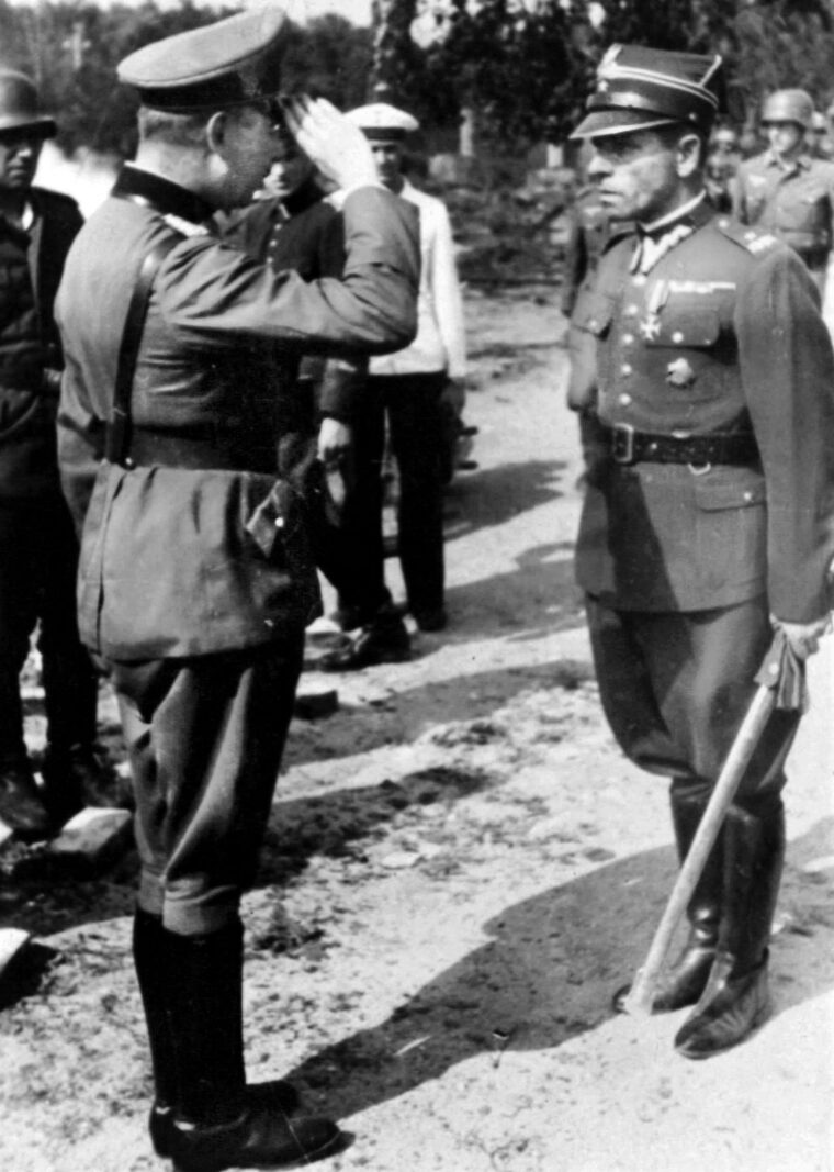 During the formal surrender of the Westerplatte, Polish Major Henryk Sucharski (right) meets German General Friedrich Eberhardt, and the German officer salutes with military courtesy. General Eberhardt was impressed with the tenacity of the Poles and in recognition of his foe's determination allowed Major Sucharski to retain his sword.