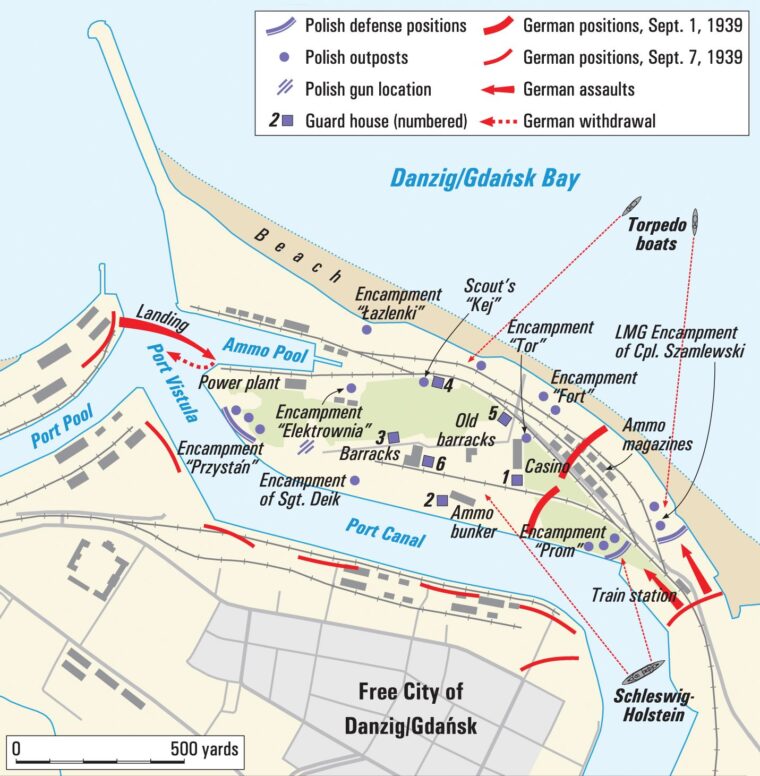 The Polish defenders of the Westerplatte established several defensible strongpoints to resist the Germans, who mounted several costly attacks against the ammunition depot. in the opening hours of World War II. The gallant Poles were eventually forced to surrender.