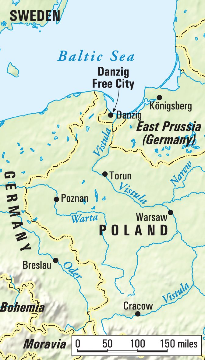 The free city of Danzig was established by the Treaty of Versailles to provide Poland with access to the Baltic Sea. The establishment of the Polish Corridor separated East Prussia from the rest of Germany.