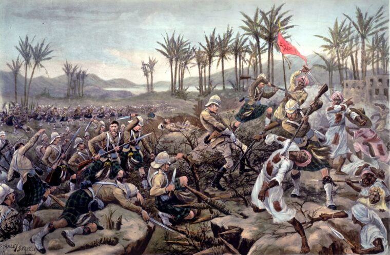 Men from the Cameron Highlanders assault the thorn covered stockade walls of the Dervish Army’s camp northeast of Khartoum during British General Herbert Kitchener’s reconquest of Sudan in 1898.