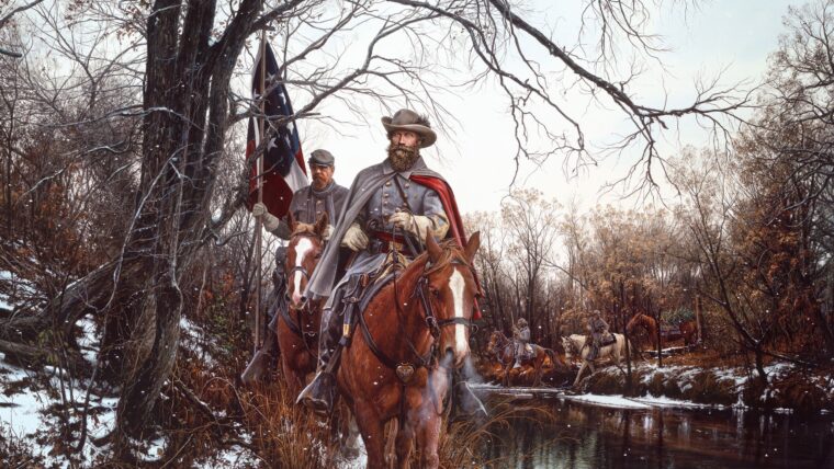 John Paul Strain’s painting, To Fairfax for Christmas, depicts Confederate Brigadier General J.E.B. Stuart on the move after the Battle of Dranesville in 1861.