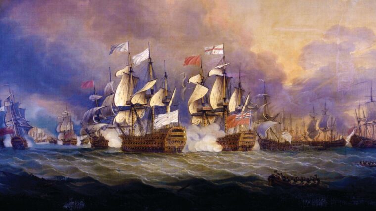 Comte de Grasse’s 104-gun French flagship, Ville de Paris, is shown at center surrendering to British Admiral Sir George Rodney’s 98-gun HMS Formidable on the right of this Thomas Mitchell painting, The Battle of the Saints, 12 April 1782. In reality, de Grasse surrendered to Admiral Samuel Hood of the HMS Barfleur, the bow of which can be seen behind the Ville de Paris.