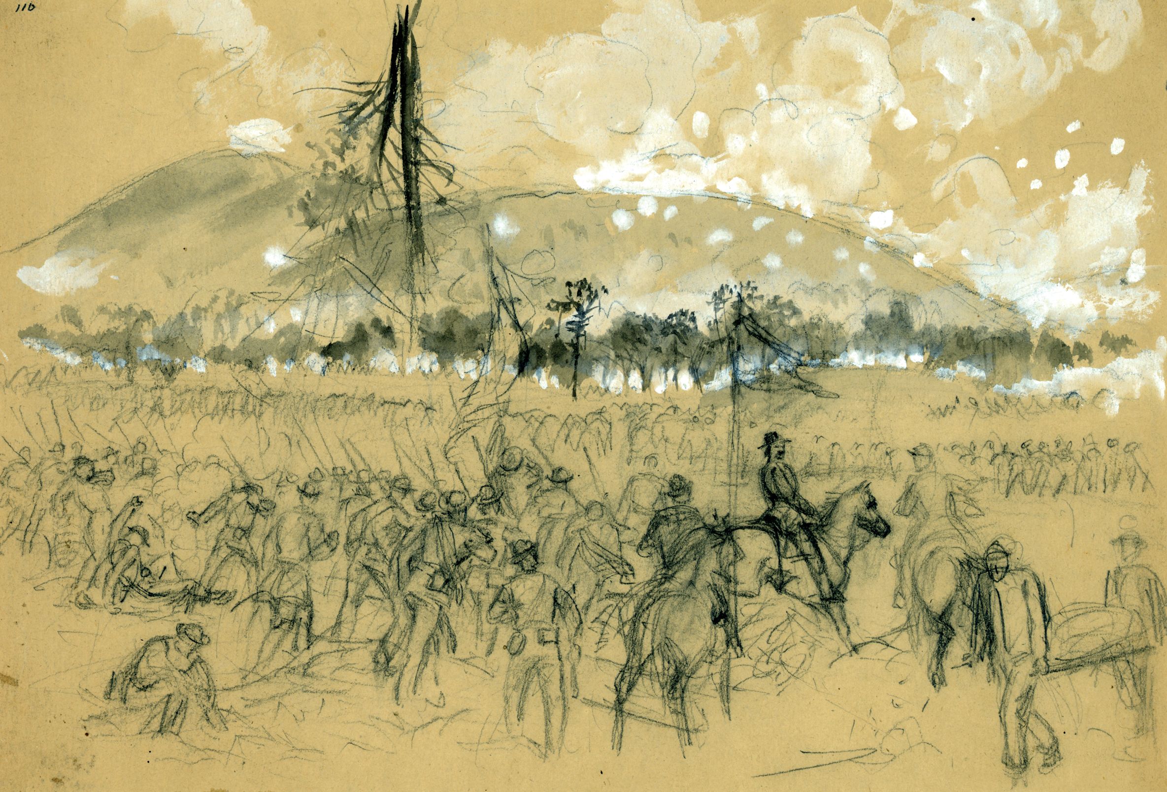 Union Maj. Gen. William T. Sherman watches as Union troops advance at Kennesaw Mountain. The Union generals tried different tactics, such as sending their troops forward in dense columns rather than long lines, but they still were unable to punch through the enemy line.