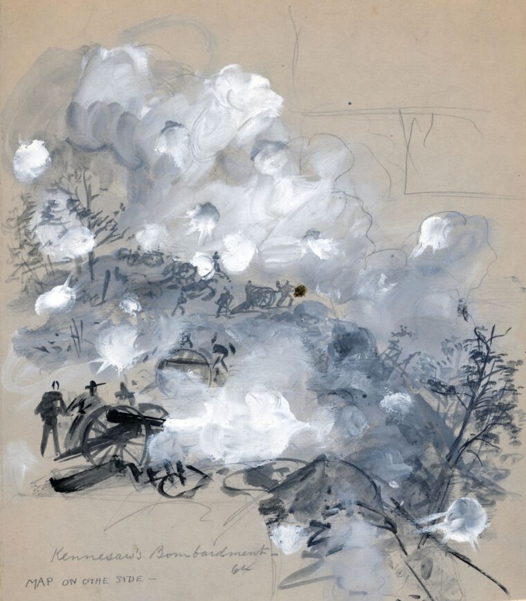 Southern gunners fire furiously from commanding positions at the advancing Federal lines during the June 27 attack in a sketch by battlefield artist Alfred Waud.