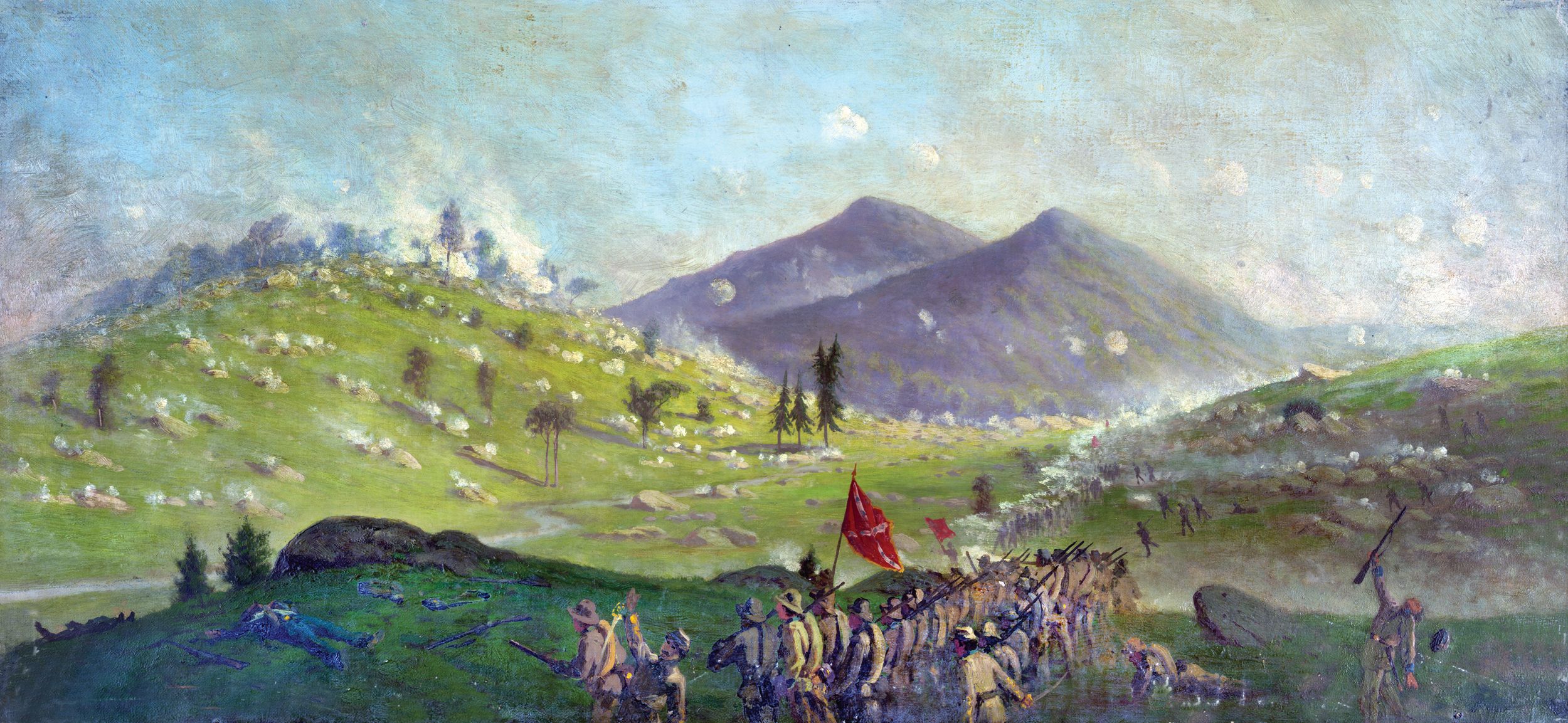 Confederate forces, including the 15th Alabama Infantry Regiment under Col. William C. Oates, mass at the base of Little Round Top shortly before making their assault against Maj. Gen. George Sykes’s 5th Corps. As a special artist for Frank Leslie's Illustrated Newspaper, Edwin Forbes (1839-1895) captured the scene in his painting, Attack on Little Round Top held by the 5th Corps commanded by General Sykes—though he has incorrectly depicted Big Round Top as having two peaks.