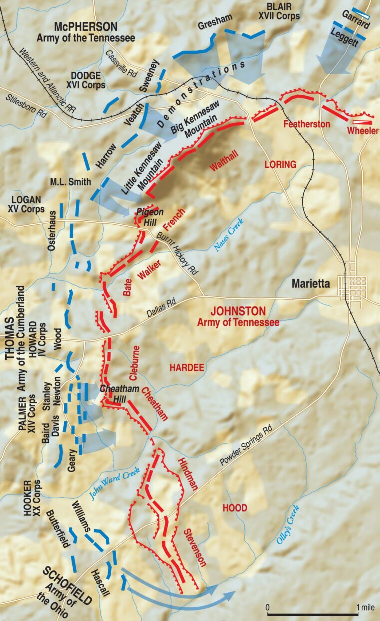 Believing the Confederate line was stretched too thin, Union commander Maj. Gen. William T. Sherman planned diversionary attacks on the Confederate flanks with the main attack aimed at the Confederate center.