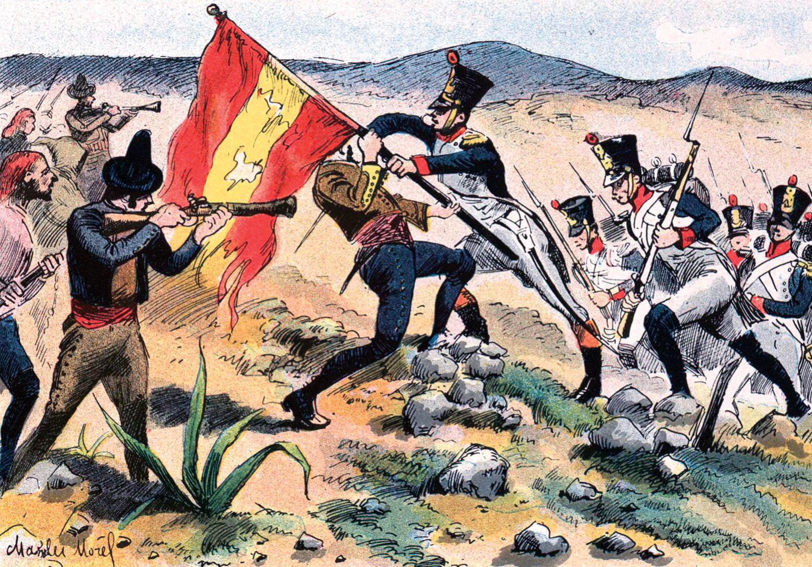 A soldier from the French 63rd Line Regiment takes a Spanish flag at the Battle of Barrosa near the Isla de Léon. Most of the Spanish troops in the battle were with Gen. Manuel de la Peña as he pushed against Gen. Eugène-Casimir Villatte’s French troops as he tried to clear the way to Cádiz. 
