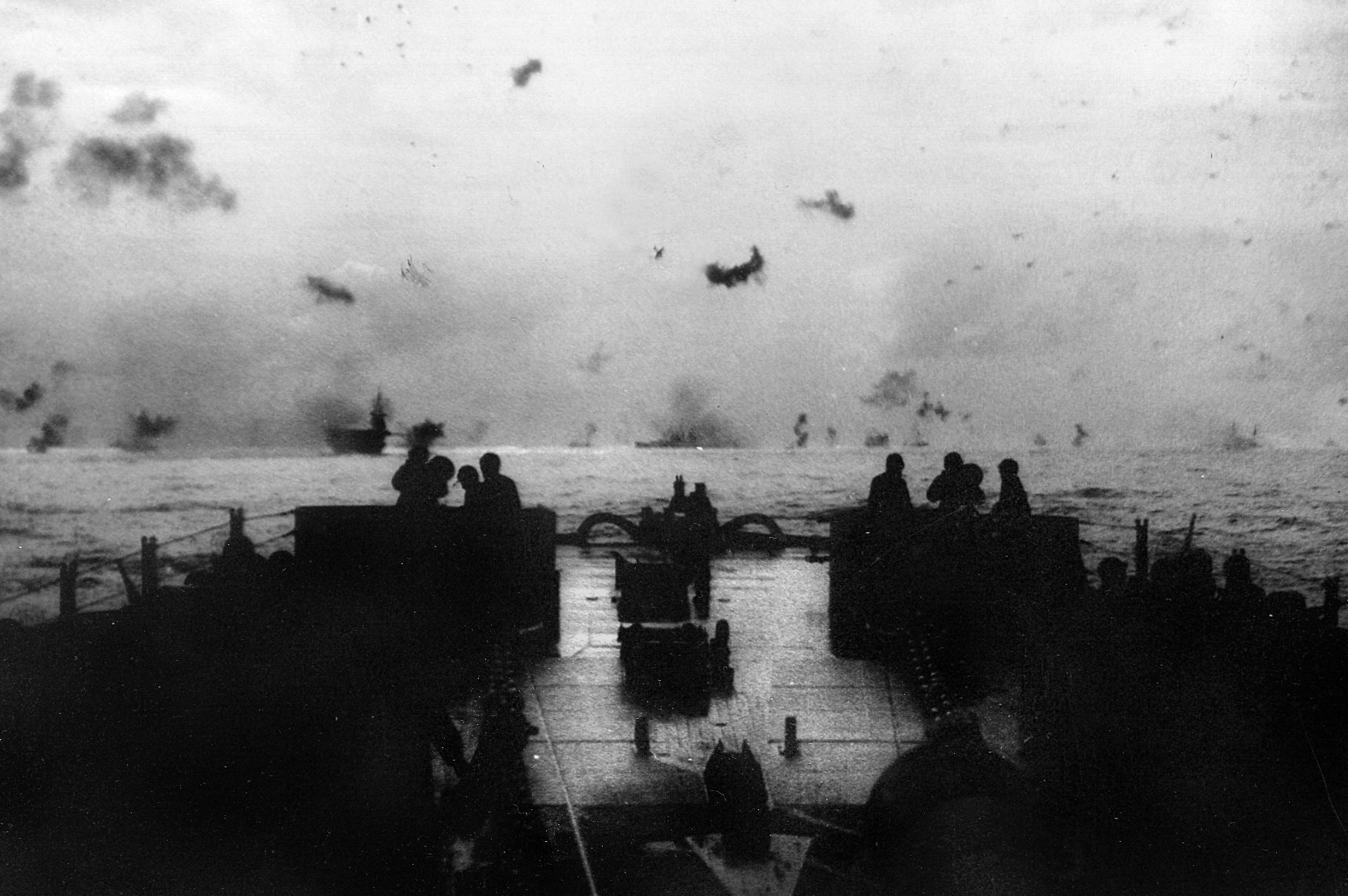 Guns of the USS. Washington and surrounding Navy vessels unleash a hellish barrage of antiaircraft fire on Japanese fighters off Okinawa.