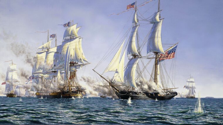 Perry Breaks the Line, by marine artist Peter Rindlisbacher, shows Commandant Oliver Hazard Perry maneuvering the brig USS Niagara to fire across the the bow of the HMS Detroit, which has just become befouled with the rigging of the HMS Charlotte, rendering both ships immobile.