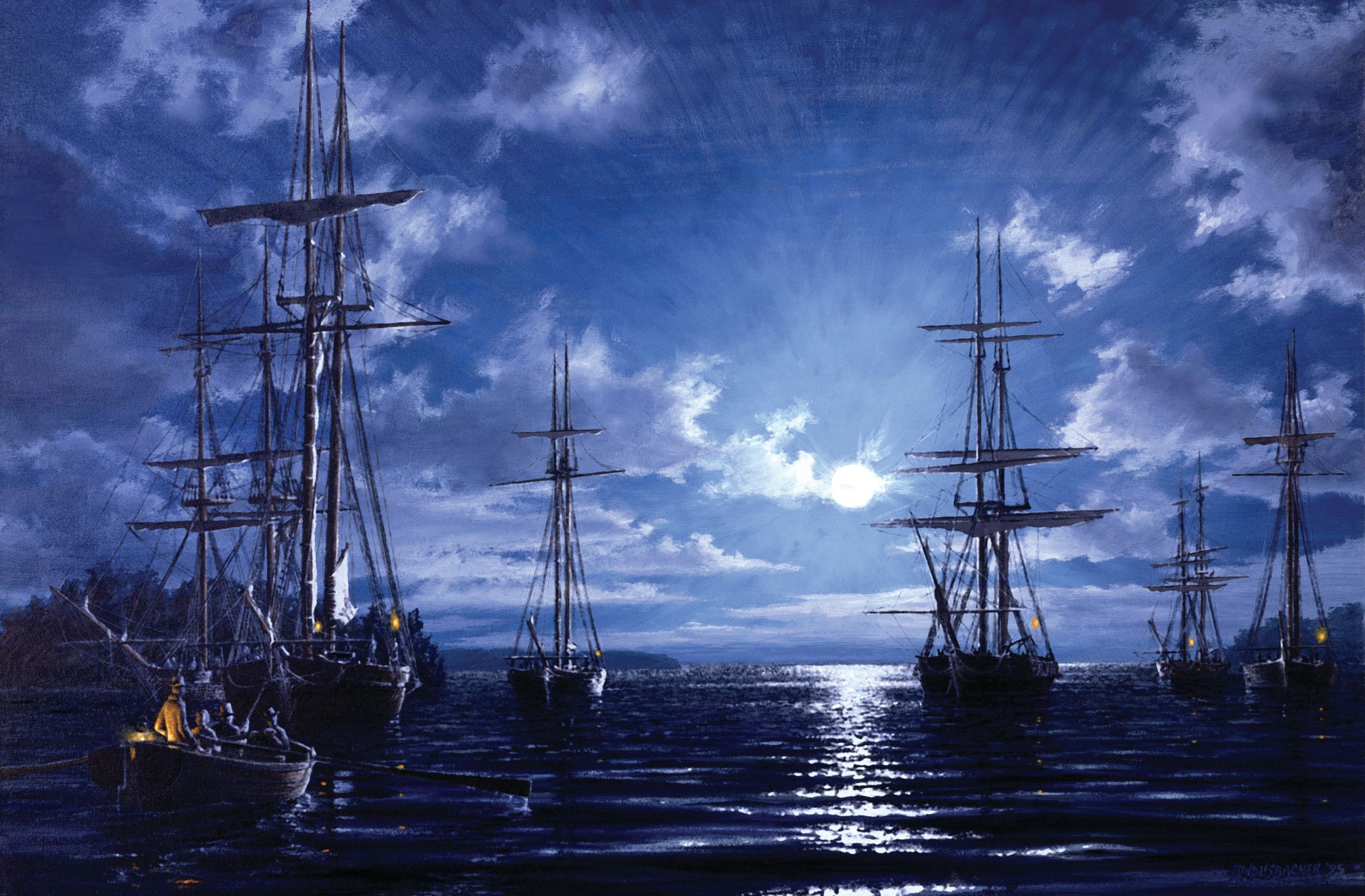 American Commandant Oliver H. Perry’s Lake Erie squadron at anchor in Put-In-Bay off South Bass Island (now part of Ohio) at the western end of the lake. In his painting, Night Before Battle, marine artist Peter Rindlisbacher portrays the moon phase, compass position and elevation exactly as they were at 9:30 p.m. on September 9, 1813.
