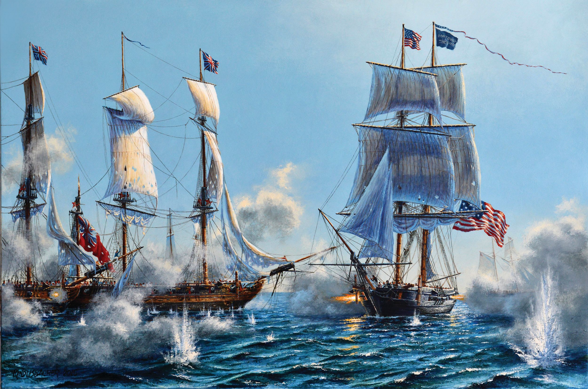 Swift, Aggressive, Decisive by Peter Rindlisbacher depicts the moment America won the Battle of Lake Erie—Commodore Perry on the USS Niagara 
letting loose double-shotted guns at half pistol-shot range on the HMS Detroit and HMS Queen Charlotte which had just fouled each other.