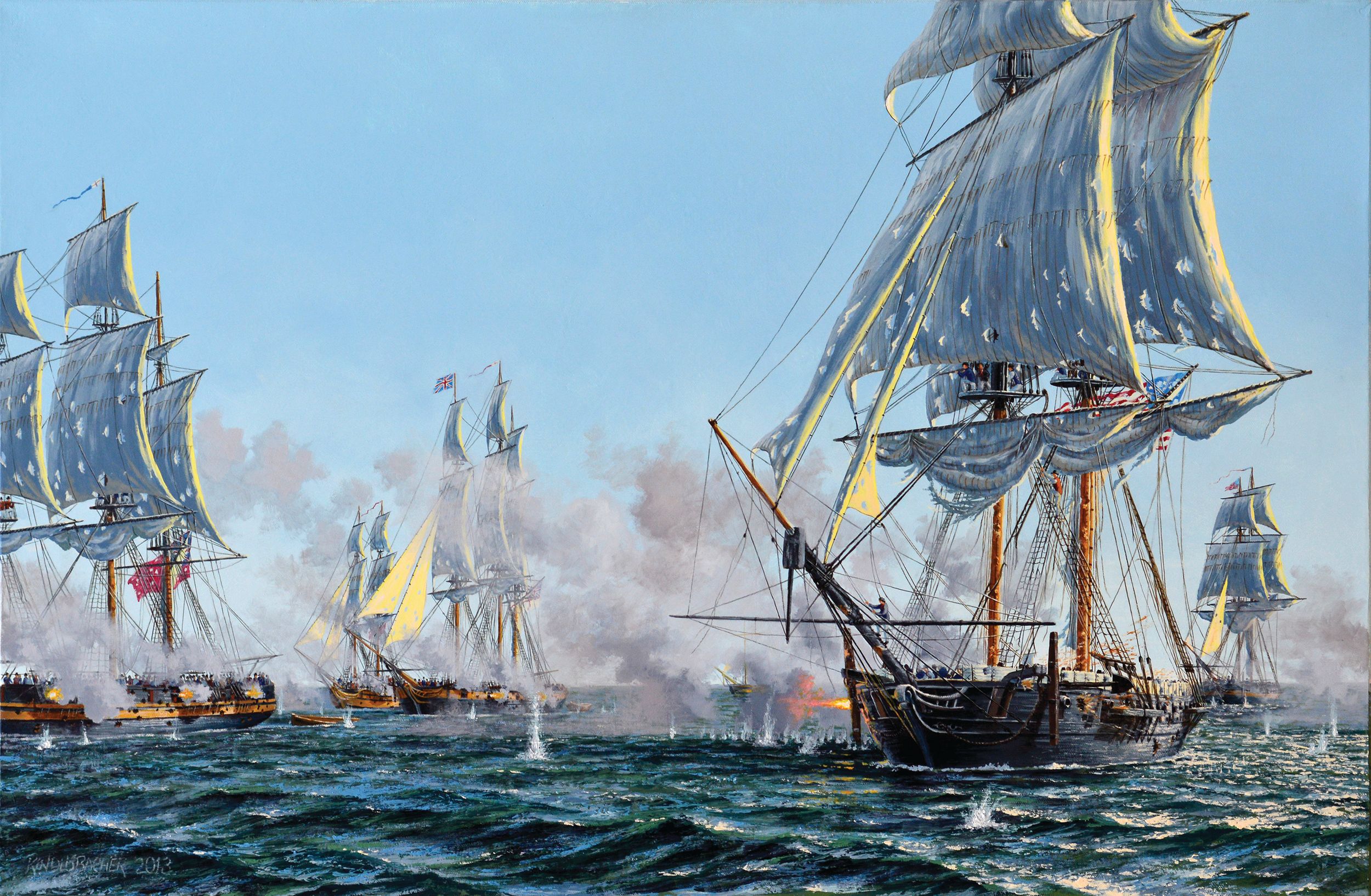 Lawrence Takes Fire, by marine artist Peter Rindlisbacher, depicts Perry’s flagship USS Lawrence bearing the brunt of the British attack early in the Battle of Lake Erie as Commandant Jesse Elliot kept the USS Niagara largely out of range of the English guns. Later, Perry would take command of the untouched Niagara and force a British surrender.
