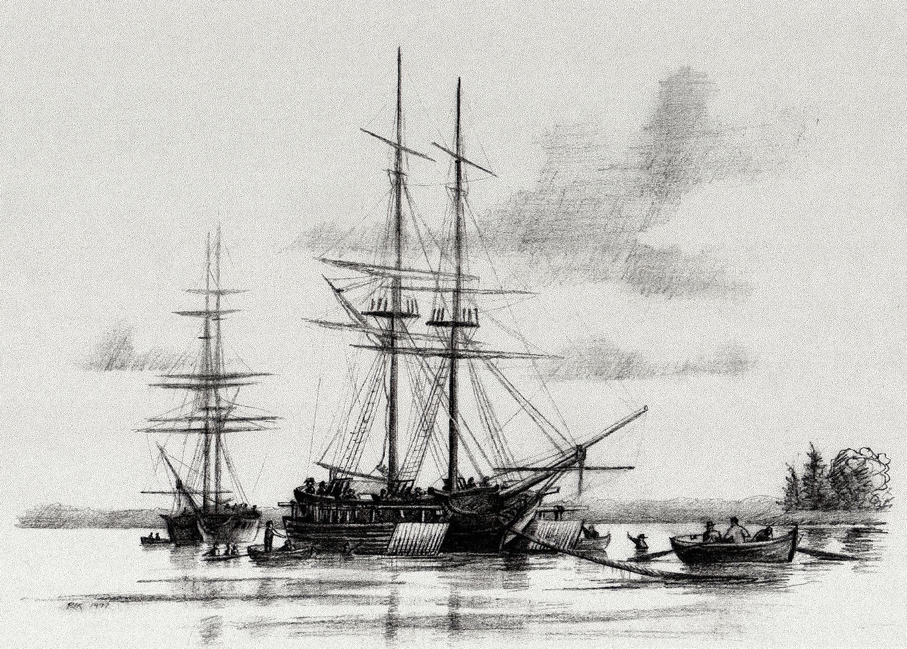 One at a time, the brigs Lawrence and Niagara were “cameled” across the sandbar at the mouth of Presque Isle Bay. After the cannons were removed, hollow wooden barges called “camels” were flooded and attached to the ship’s hull. The water was pumped out of the camels, lifting its keel higher in the water. In a process called “kedging,” the ship’s anchor was rowed out in front of the vessel and dropped. The crew then used the windlass to wind in the anchor, pulling the ship forward.