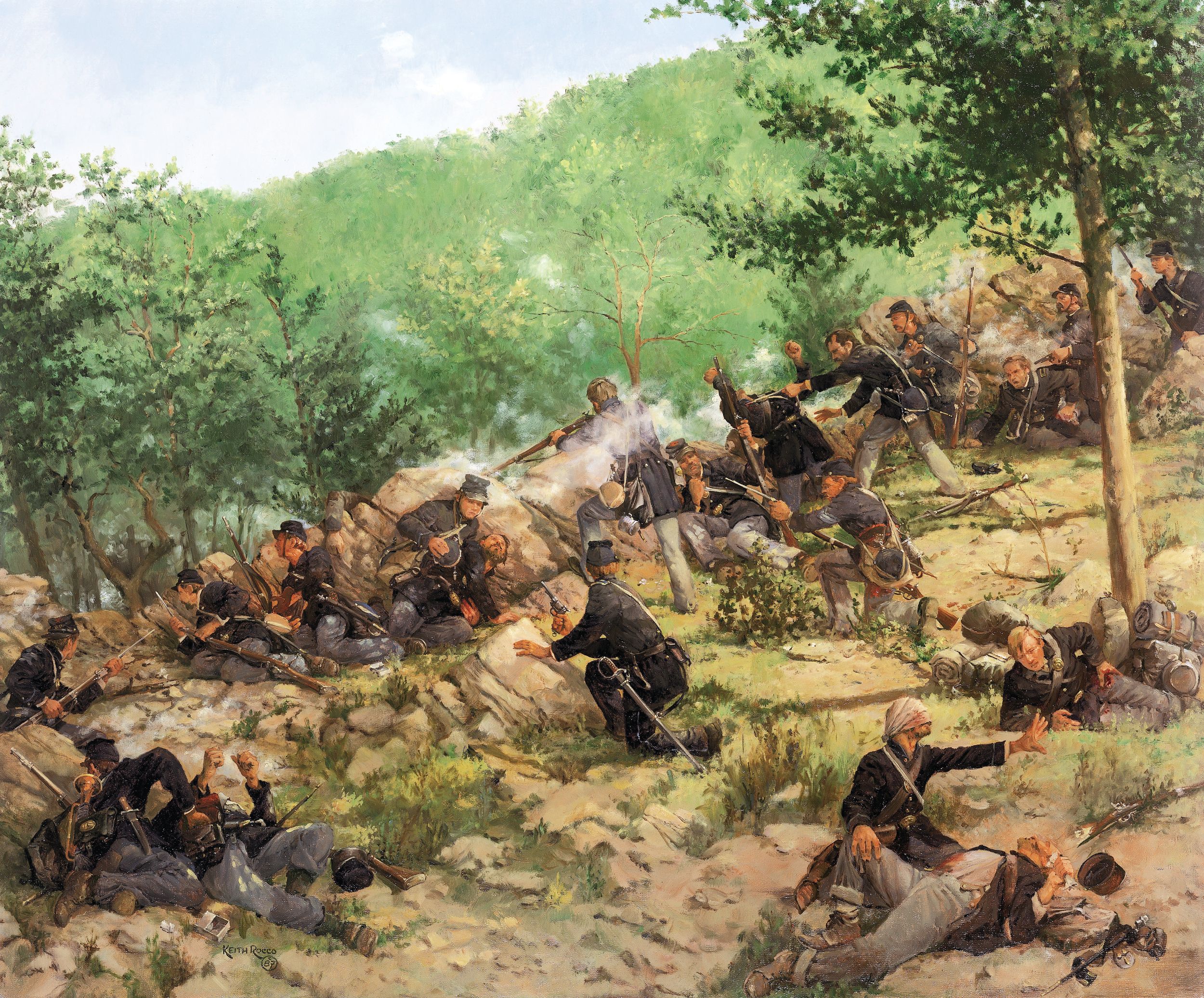 Battling fatigue and stifling heat, Joshua Chamberlain’s 20th Maine makes their valiant stand against the attacking Confederate forces of Brig. Gen. Evander M. Law at Little Round Top in this painting by modern artist Keith Rocco.
