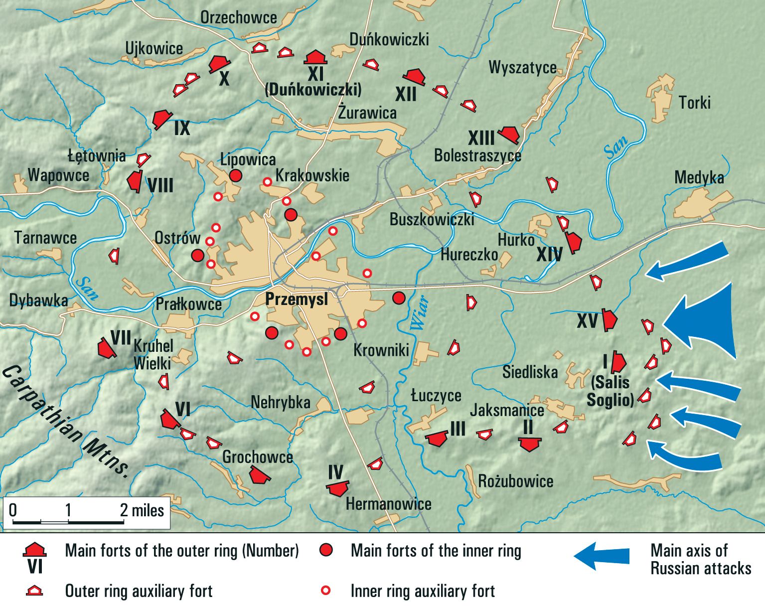 The Fortress City of Przemyśl, Poland, had a central stronghold ringed by 25 smaller forts and 12 artillery emplacements. Though the Russians were unable to take the city by force, it eventually starved out the 130,000-man garrison after it had eaten all of its horses.