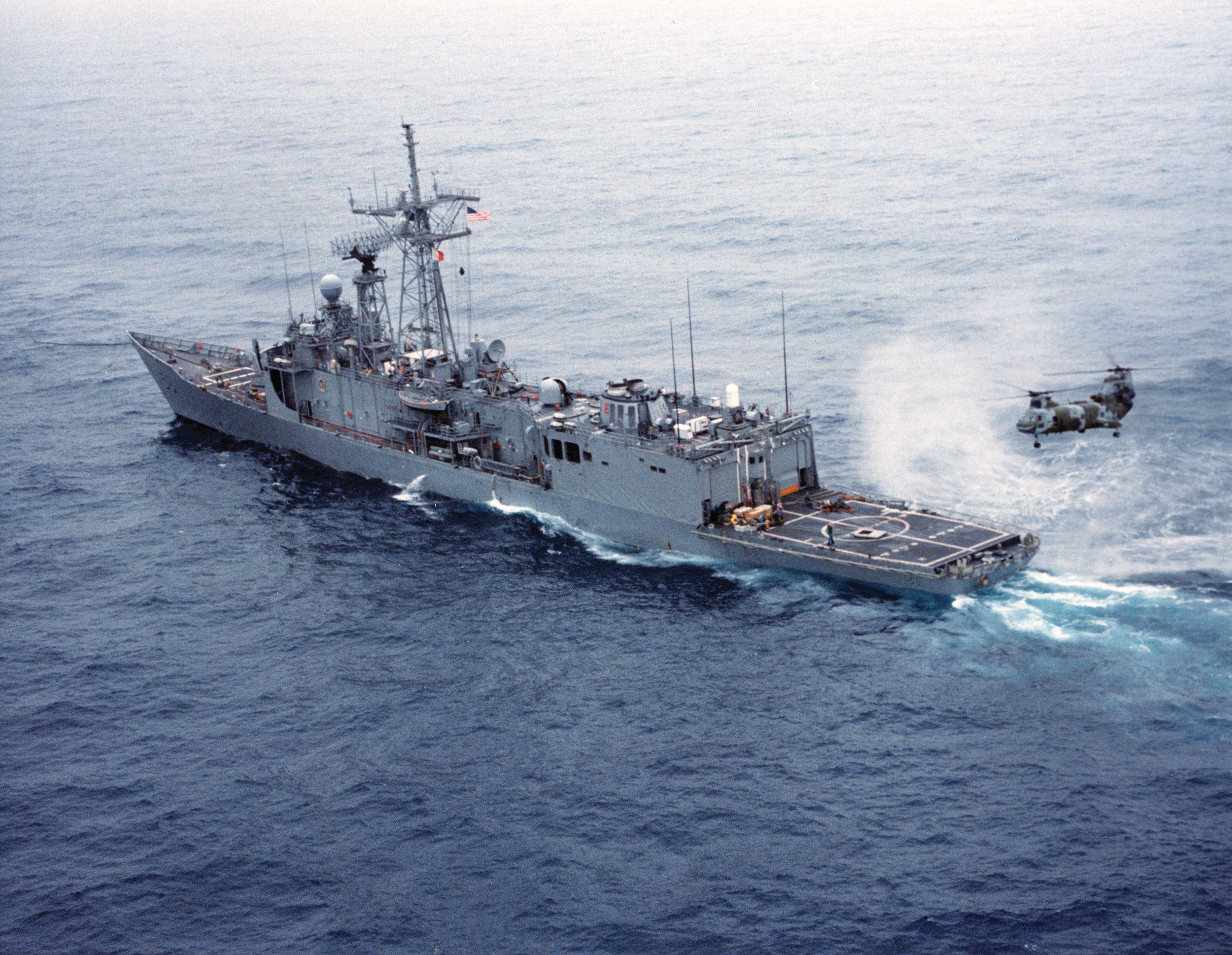 The Guided Missile Frigate USS Samuel B. Roberts (FFG-58) was damaged and nearly sunk by an Iranian mine on April 14, 1988. Other mines recovered by Navy divers in the area had serial numbers matching those found on the Iranian minelayer Iran Ajr a few months earlier. Four days later, the U.S. launched Operation Praying Mantis with three groups of U.S. warships targeting Iranian ships and oil platforms in retaliation.